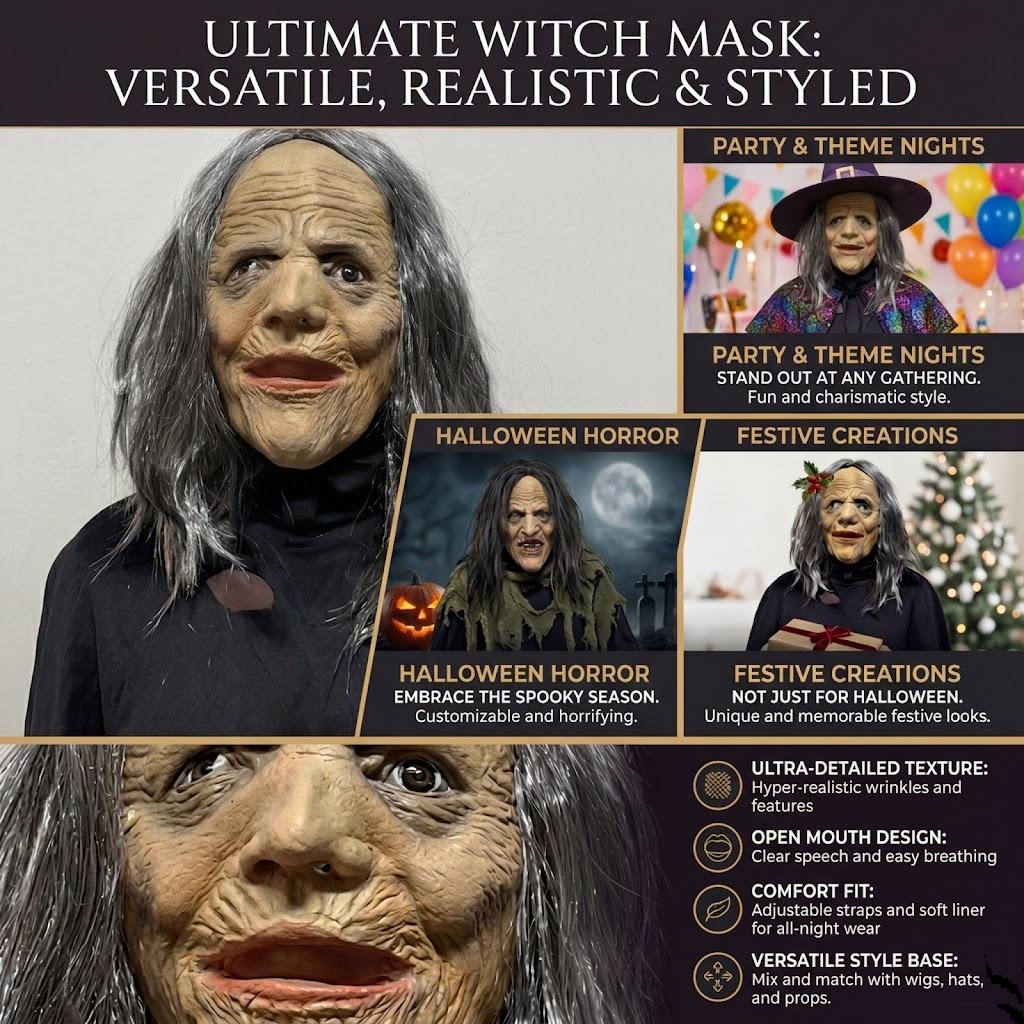 Scary Old Witch Latex Mask – Creepy Grandma Costume With Black Eyes And Grey Hair For Halloween Horror Cosplay Party Adults Masquerade Prop