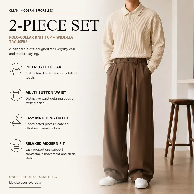Men's Casual Sweater and Pants Set, Polo Collar Ribbed Knit Sweater with Straight Leg Tailored Pants, 8 Curated Solid Color Pairings, Sizes S-XXL, Daily Work Travel Style, Group 14