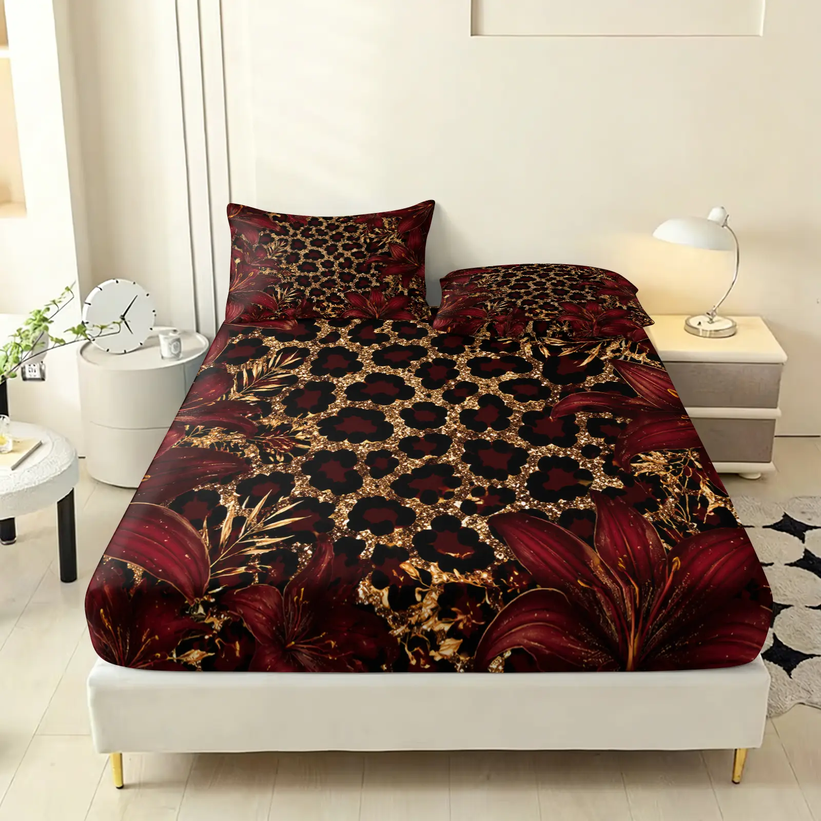 3-piece wine red gold leopard print lily flower printed bedding set, with 25cm deep pockets, including 1 bedspread and 2 pillowcases (without filling material), suitable as a holiday gift for friends, applicable for bedrooms, guest rooms, dormitories