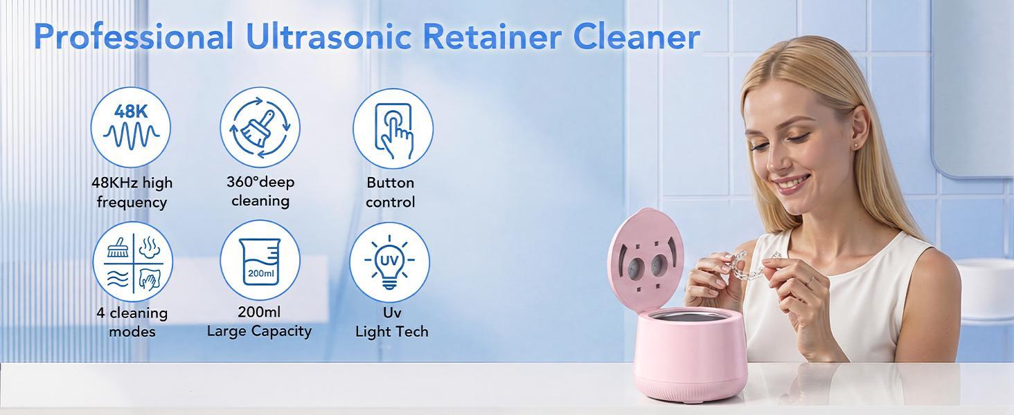 Ultrasonic Denture Cleaner, 48kHz Deep Cleaning Machine with 4 Timed Modes, 200mL Digital Display for Retainers, Mouth Guards, Braces, Aligners, Toothbrushes, Jewelry, Pink