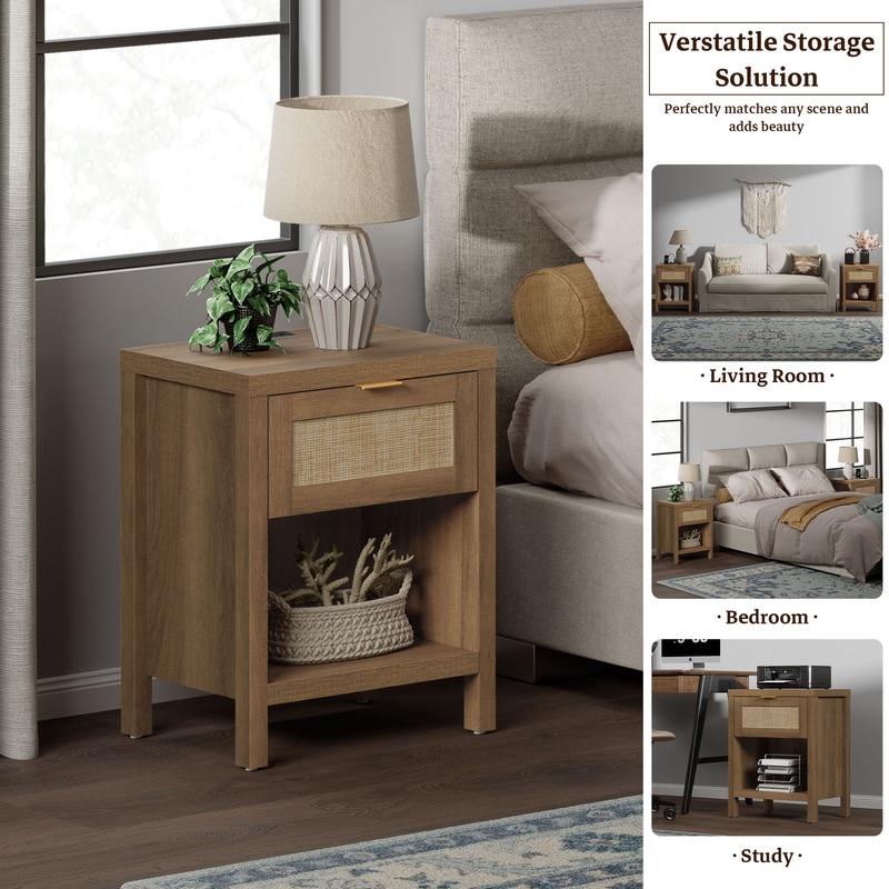 SICOTAS Rattan Nightstand Set of 2, 15"x 19.7"x 25.2" Size Farmhouse Night Stands with Charging Station Bedside Table with Drawer, Boho Bed Side End Table with USB and Type-C Ports for Small Space Bedroom Living Room, Easy Charging