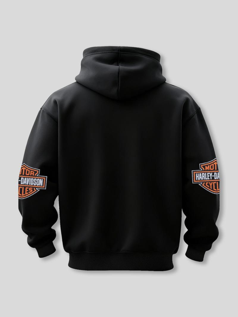 Harley Style Brand Logo Printed Hoodie Sweatshirt, Fitted Long Sleeve Hoodie with Pockets, Fall & Winter Fashion