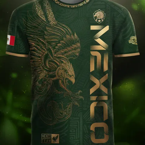Mexico Gold Eagle Aztec Warrior Heritage Soccer Jersey, Football Jerseys, Jersey Shirt, Fitted Casual Long Sleeve Design, All over Print for All Seasons
