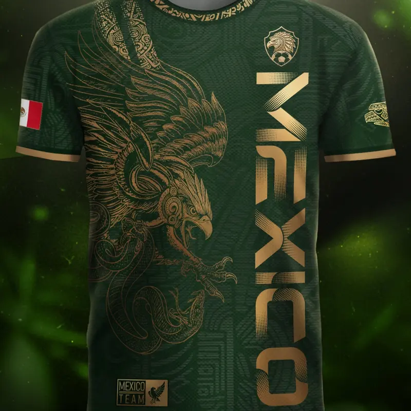 Mexico Gold Eagle Aztec Warrior Heritage Soccer Jersey, Football Jerseys, Jersey Shirt, Fitted Casual Long Sleeve Design, All over Print for All Seasons
