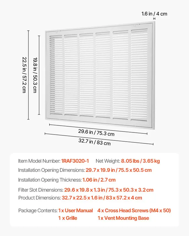 【toolupgrade】VEVOR Return Air Filter Grille, Fits W30x H20 Inch Duct Opening, Filter Not Included, Return Air Vent Cover for Wall, Powder-Coated Steel Return Air Grill Detachable Face/Door for 1 inch Filters