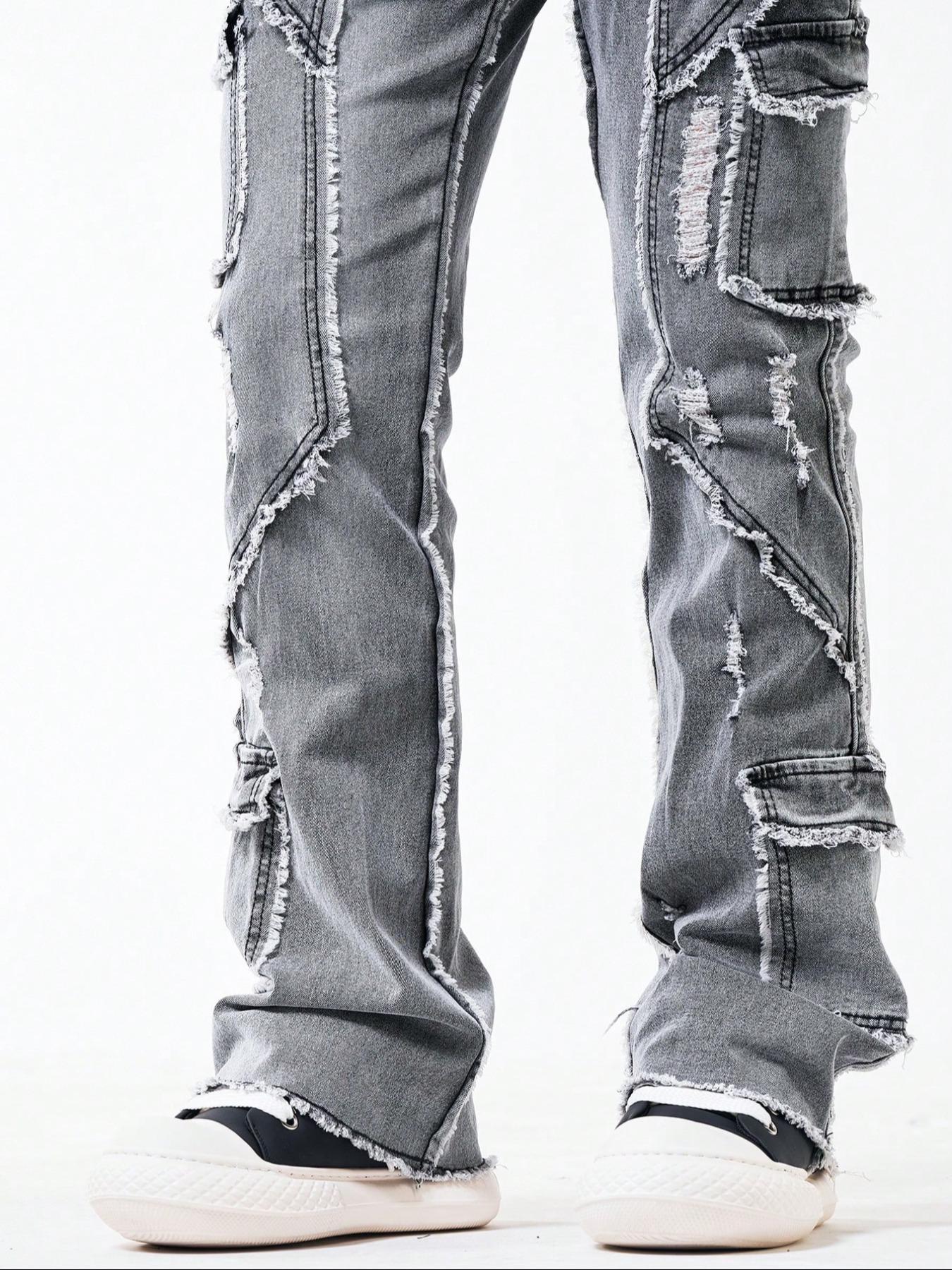 Men's Solid Color Fashion Ripped Fringe Denim Jeans, Mid Waist Stretch Tight Flared Pants with Button Fly, Casual Streetwear Style for Daily Wear