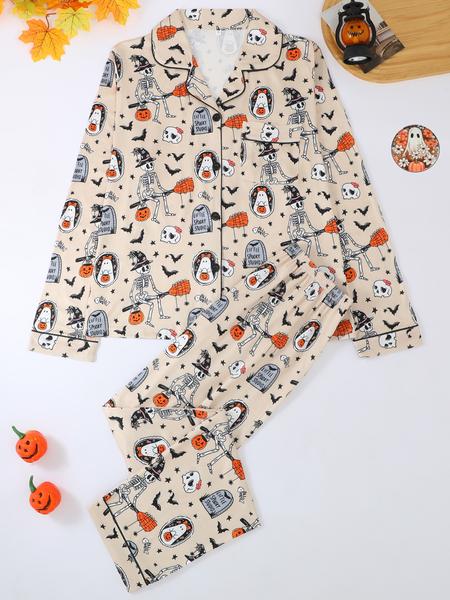 Women's Halloween Pumpkin Bat Print Pajama Set, Lapel Long Sleeve Cardigan & Elastic Waist Pants, All Seasons Sleepwear Home Wear