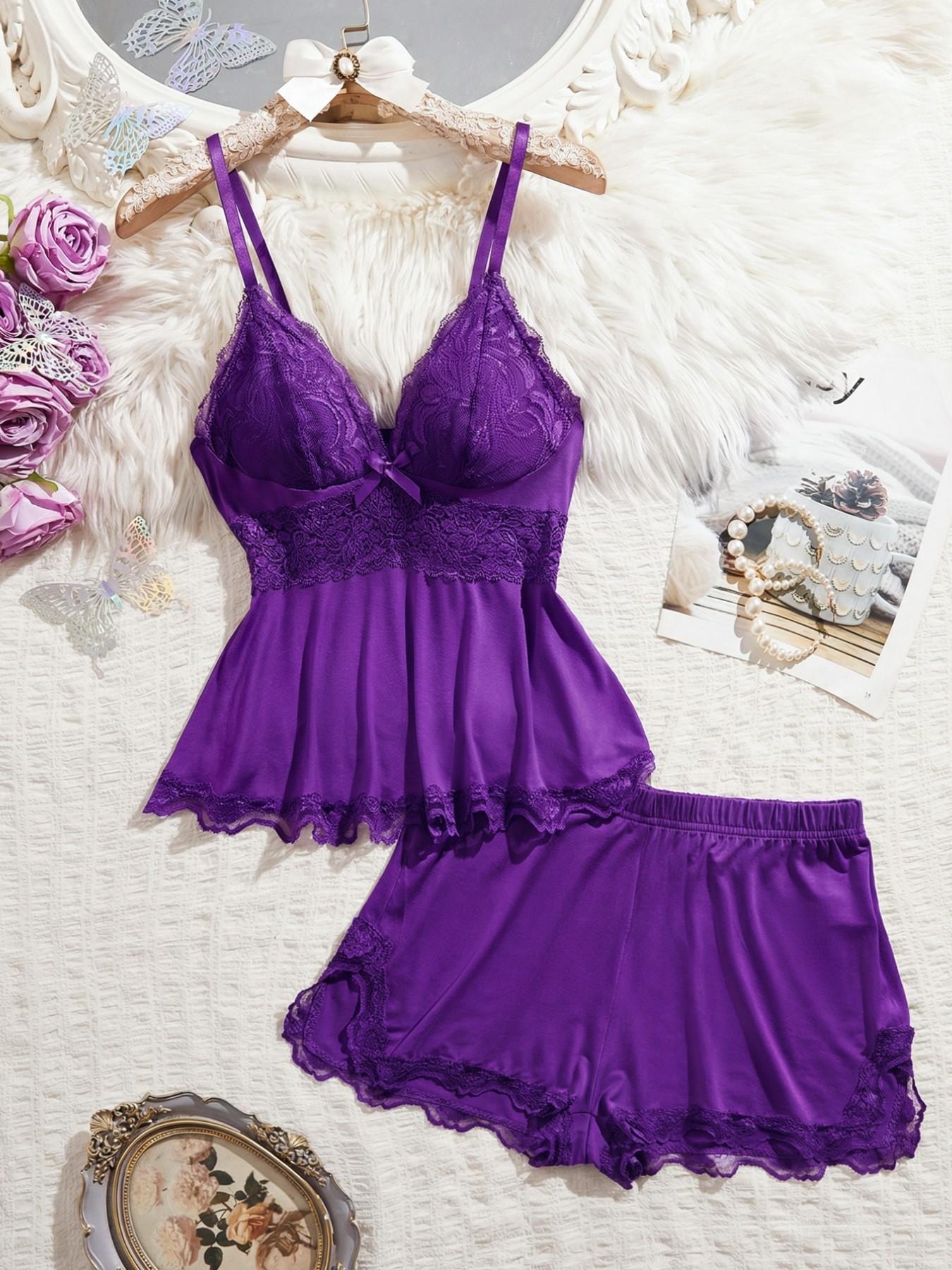 Women's Plain Lace Patchwork Bow Decor Aesthetic Cami Top & Shorts PJ Set, Adjustable Spaghetti Strap Camisole & Elastic Waist Shorts, Ladies Sleepwear for All Seasons Women's Plain Lace Patchwork Bow Decor Aesthetic Cami Top & Shorts PJ Set, Adjustable Spaghetti Strap Camisole & Elastic Waist Shorts, Ladies Sleepwear for All Seasons