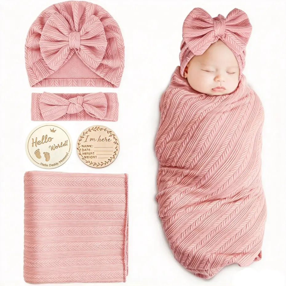 Baby Girl Swaddle Blanket Set, 4-Piece Newborn Accessories with Matching Hat & Bow Headband, Soft Swaddle for Infant Photo, Gift Ready with Card
