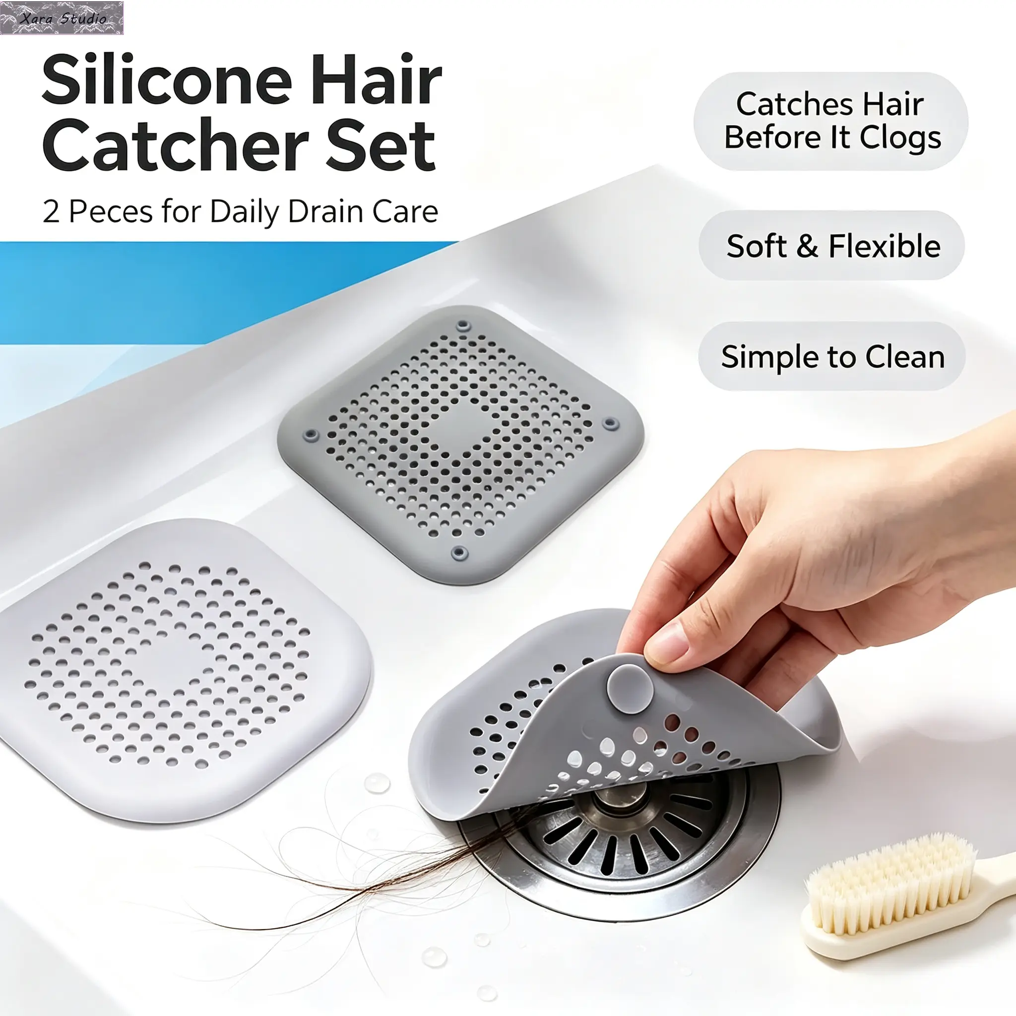 2-Piece Hair Catcher for Shower & Sink, Silicone Drain Strainer with Cleaning Brush, Reusable Hair Stopper for Bathtub & Floor Drains, Anti-Clog Drain Filter for Easy Cleaning, Bathroom & Home