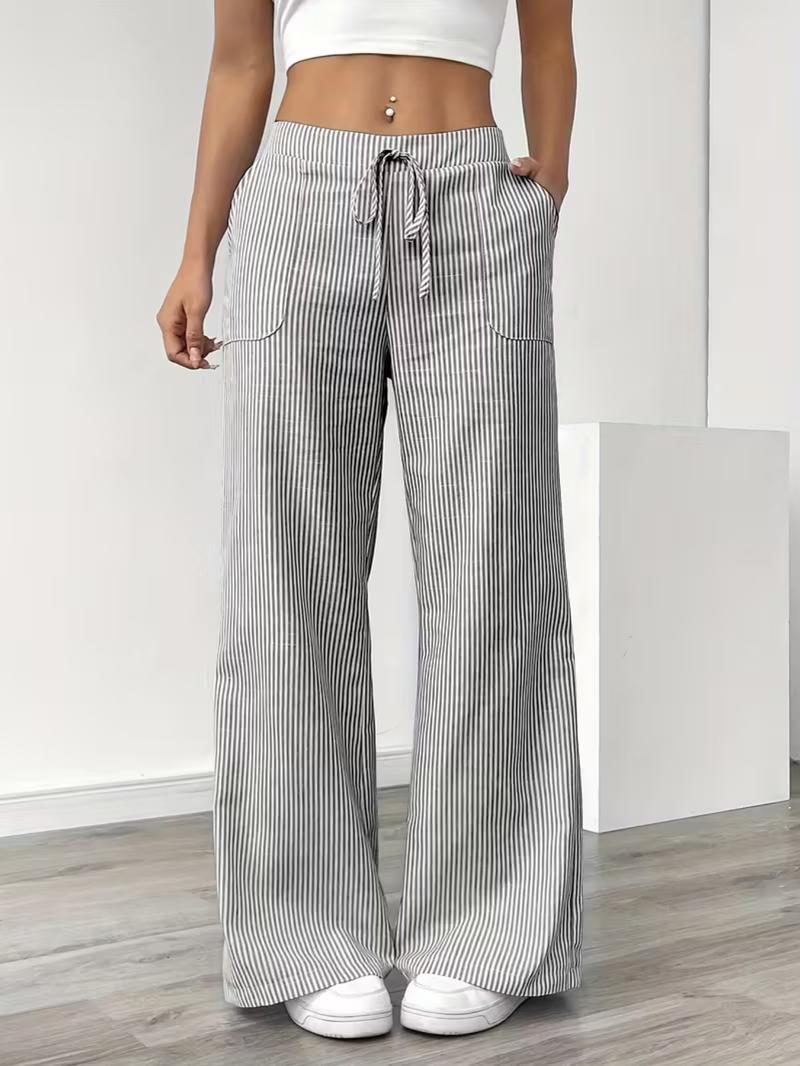 New Style Wide Leg Pants with Side Pockets, Casual Striped Print Loose Drawstring Waist, Women's Fashion Joggers