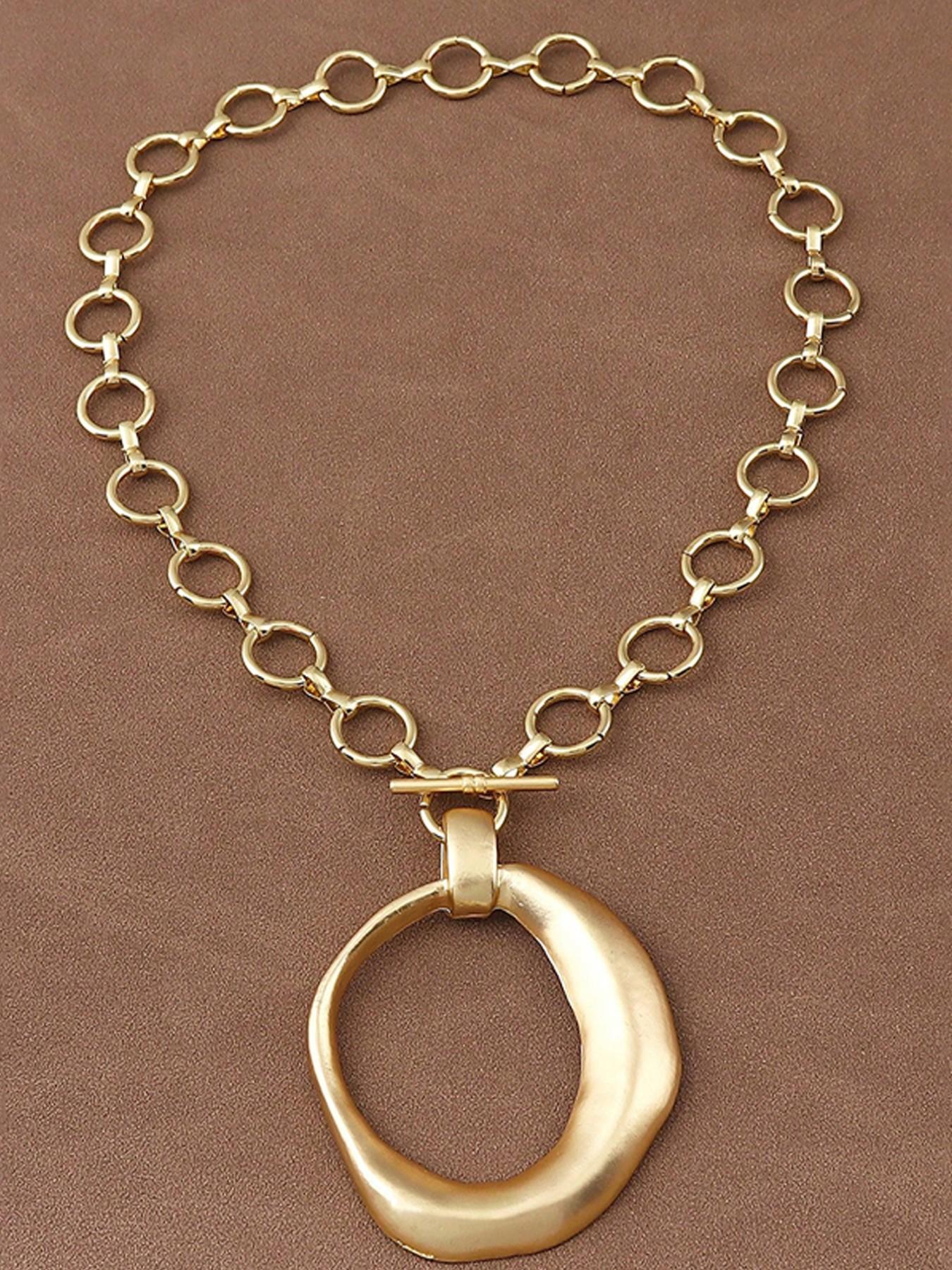 1pc Boho Fashionable Matte Gold Color Hollow Open Irregular Large Pendant Chunky Chain Statement Necklace Suitable For Women's Daily Wear 18"+2" Extend Chain