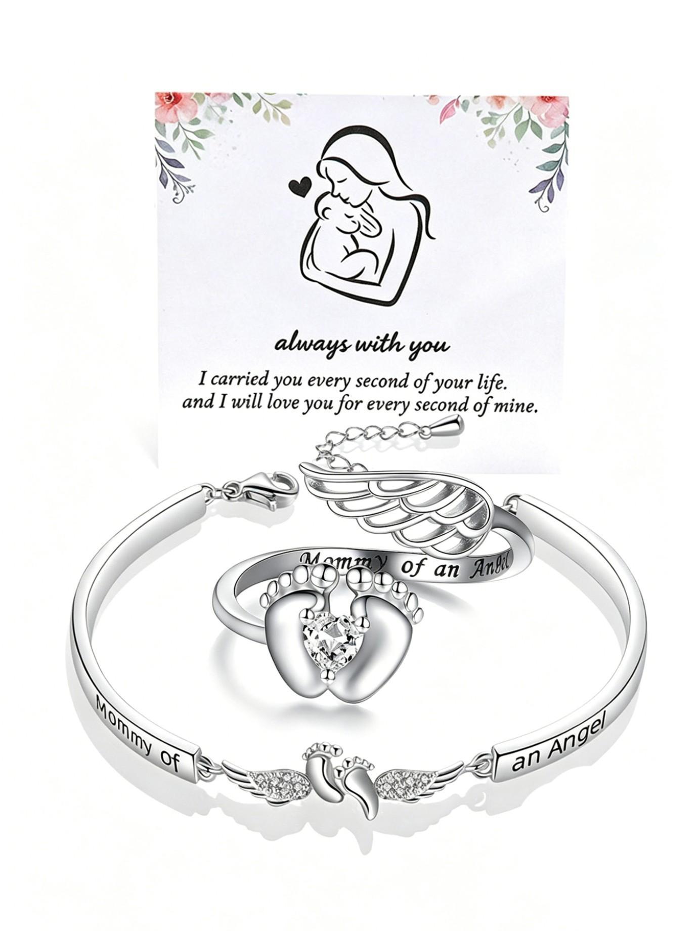 Angel Mom Memorial Jewelry Set, Baby Footprint Wings Bracelet and Ring, Comfort Gift for Loss of Child, Mother's Day Keepsake