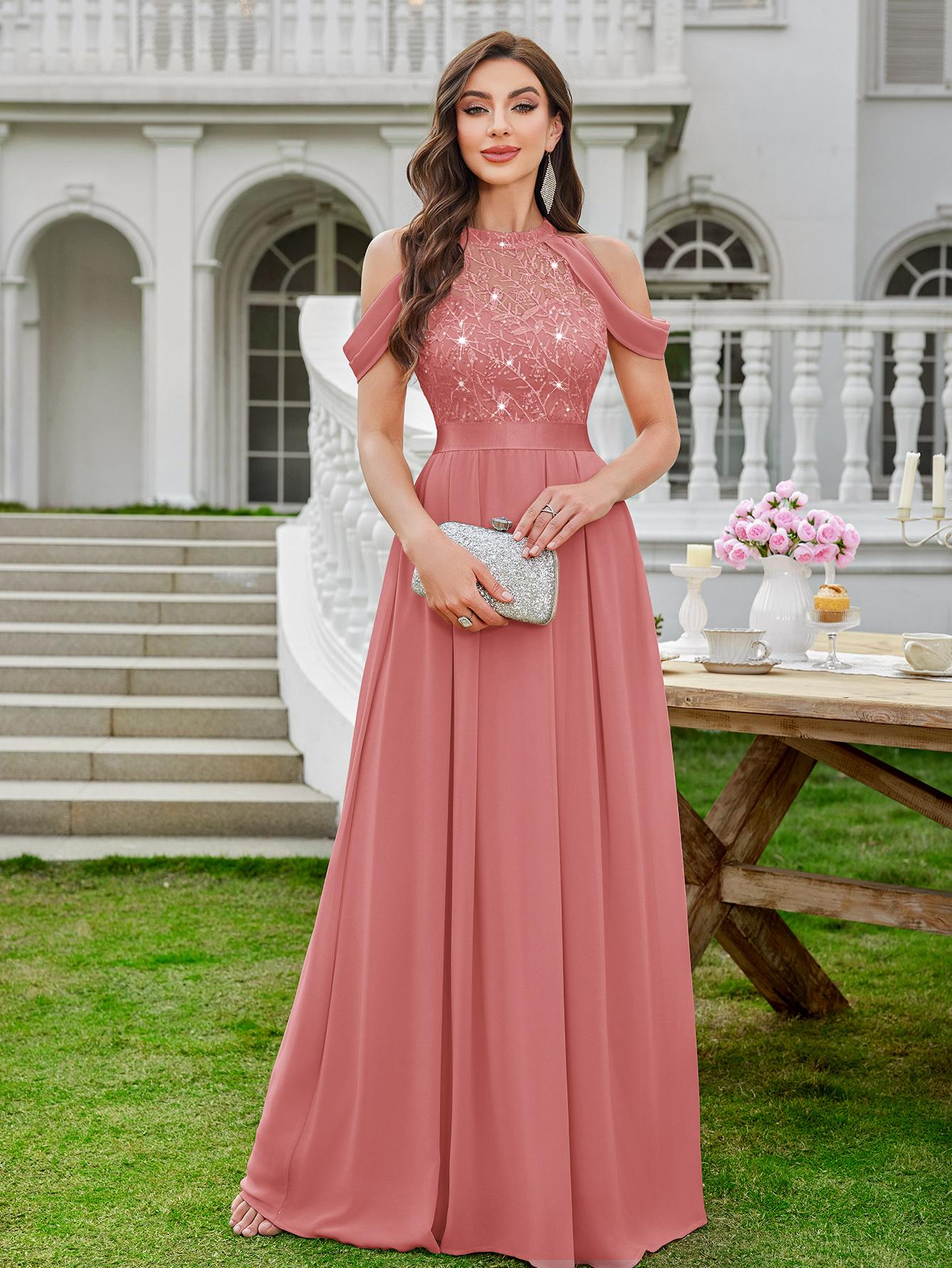 MIUSOL 24413A Women's Elegant Halter Sequin Embroidered Lace Off Shoulder Chiffon Sleeve Formal Evening Party Maxi Dress for Cocktail and Prom Events