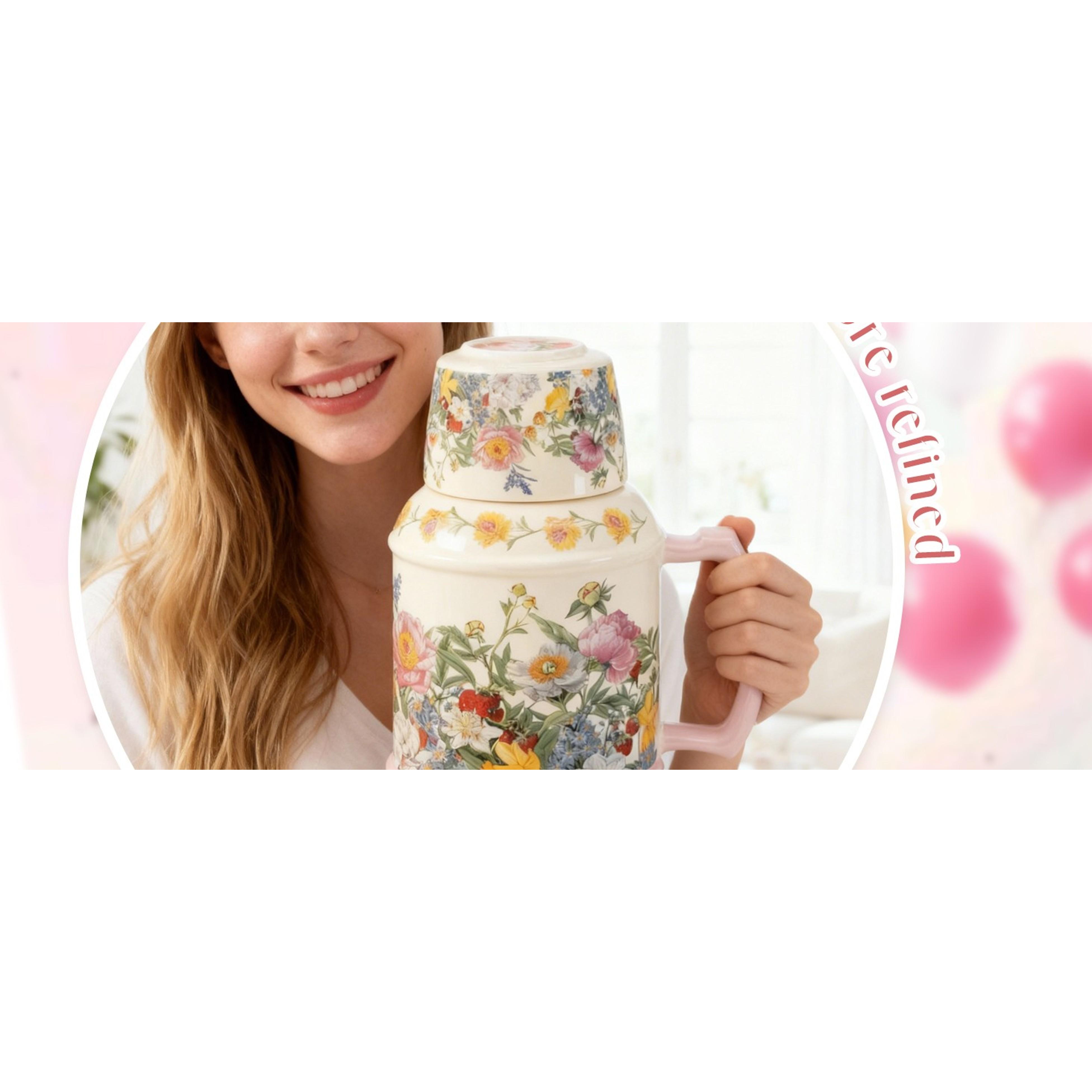 600ml Pink Floral Blooming Design Ceramic Porcelain Teapot - Premium Heat Retention Hot Water Tea Kettle with Handle for Daily Tea Making