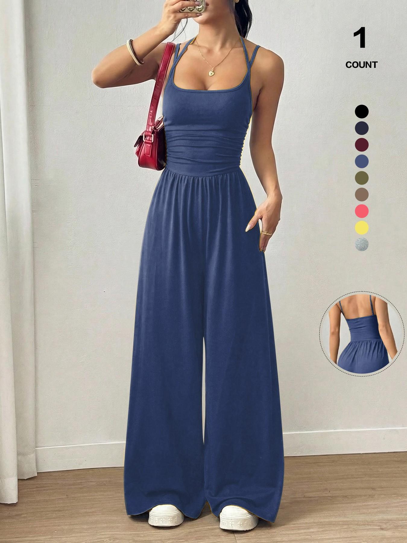 Women's Sexy Backless Jumpsuit, Spaghetti Strap Design, Smocked Bodice, Elegant One-Piece Romper, Ideal for Party Wear