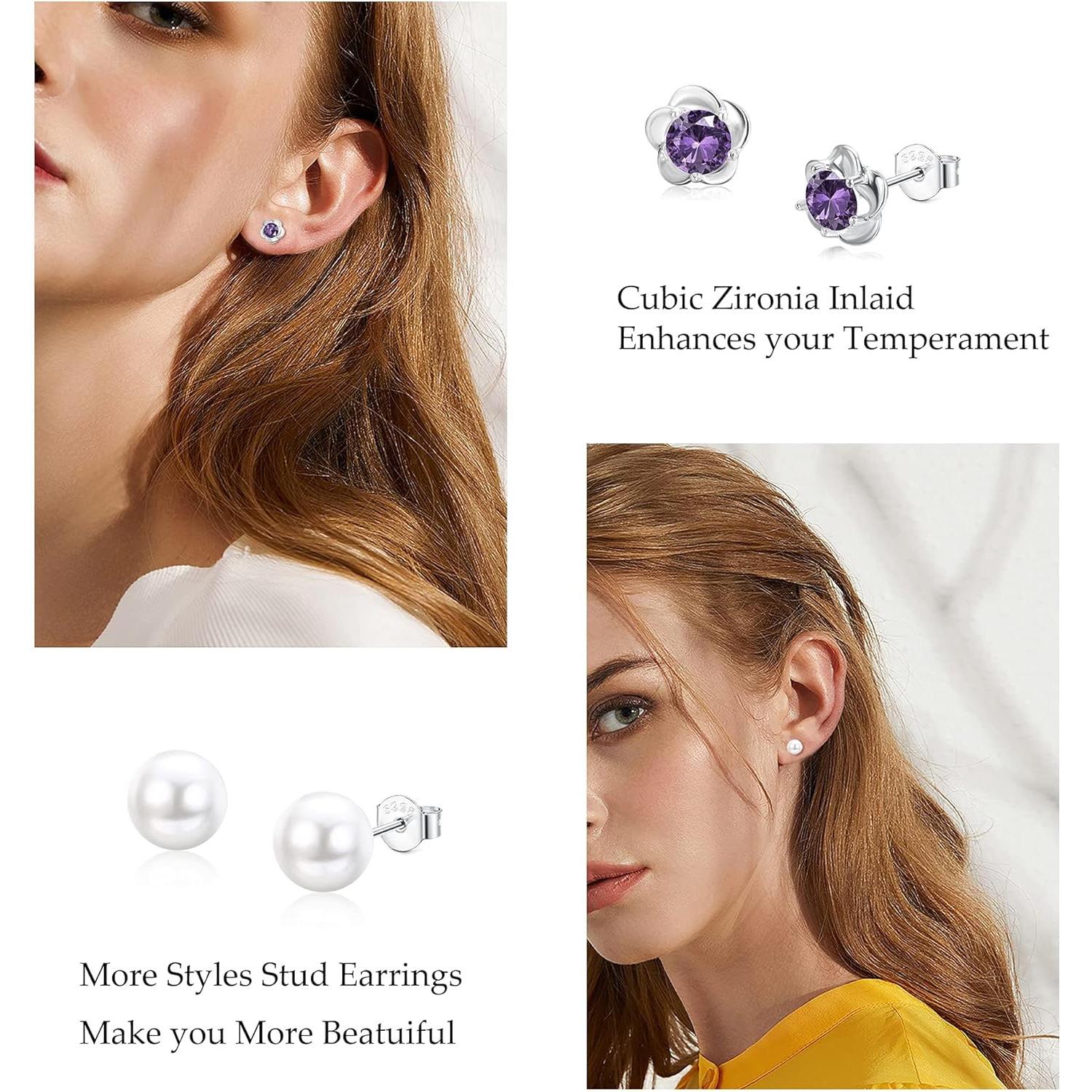 15 Pairs Silver Earrings for Women, Hypoallergenic 925 Sterling Silver Earrings Set for Girls, Cute Small Pearl, Crystal, Round, Heart, Flower, Butterfly & Cubic Zirconia Stud Earrings
