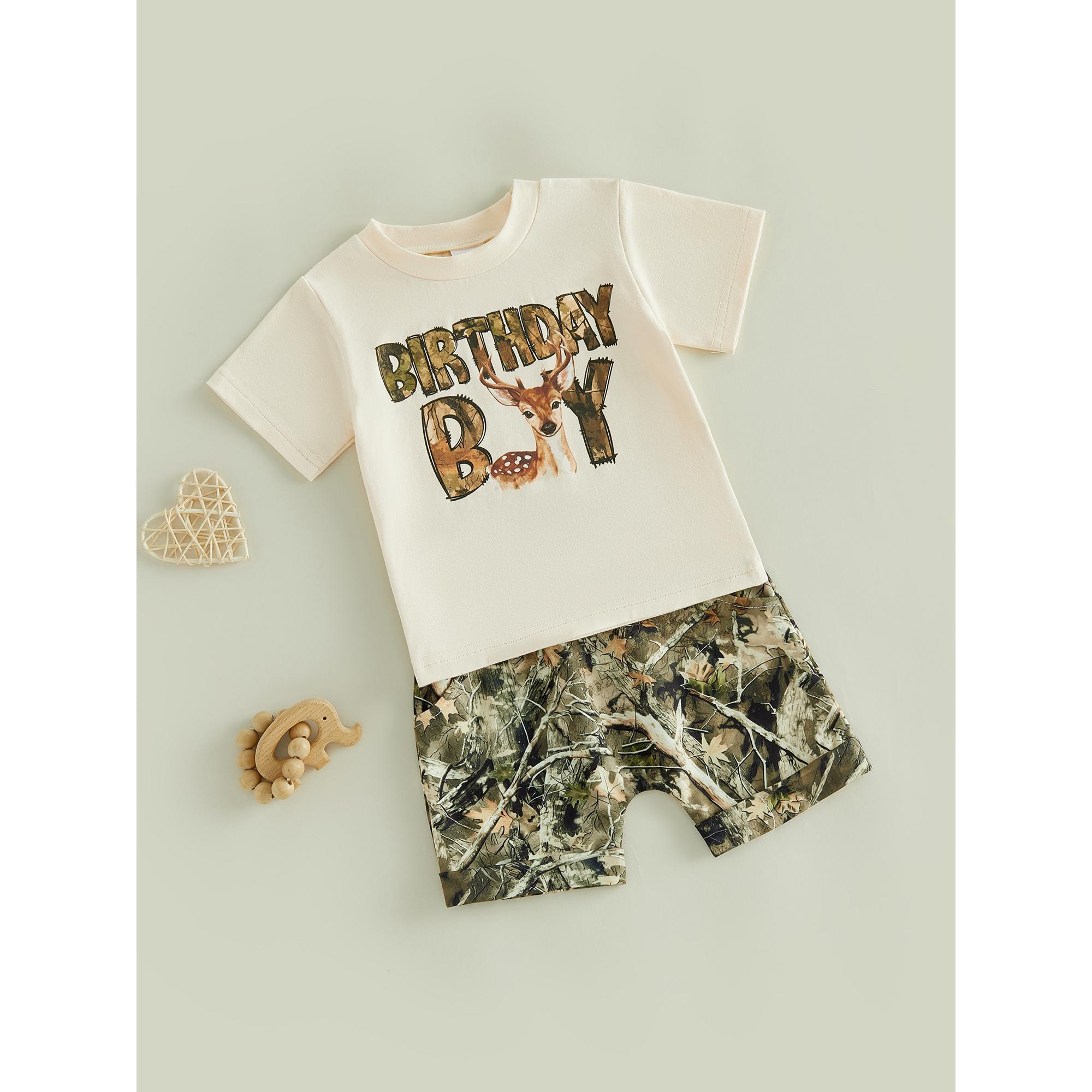 Toddler Baby Little Boy Birthday Outfit Letter Deer Print Short Sleeve Tops and Shorts Set 1-5 Years