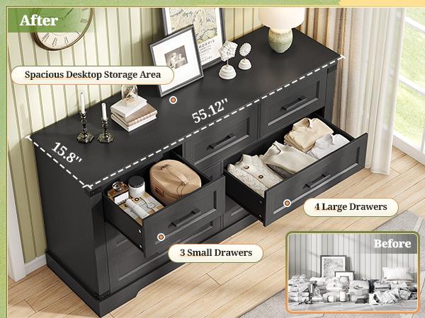 Hasuit Black Dresser for Bedroom, Wooden 55.1" Long Dressers Chest of Drawer, Farmhouse 7 Drawer Dresser with Thick Styling, Large Capacity Storage Cabinet Organizer, Wide Dressers for Bedroom Hallway