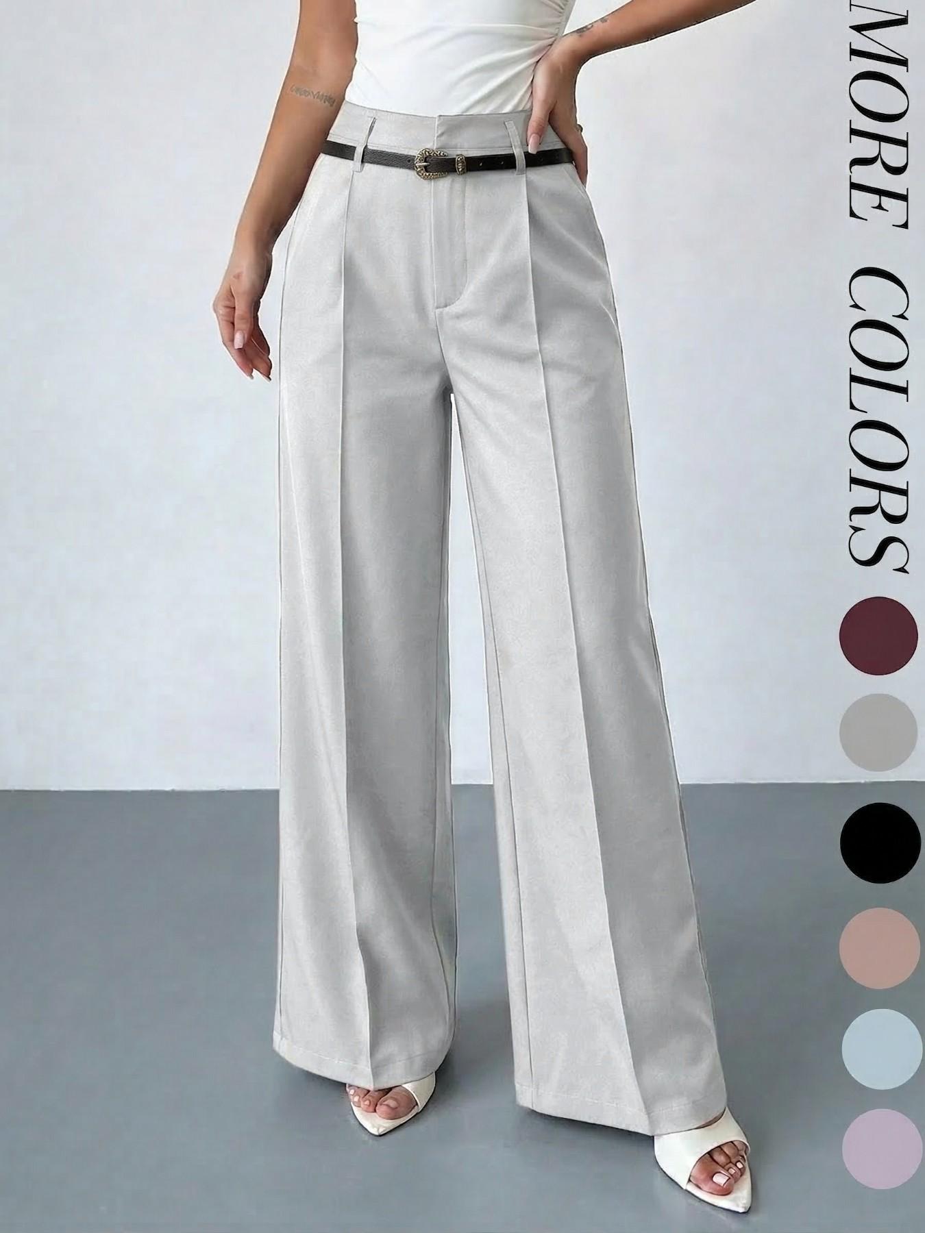 Women's Elastic Waist Solid Color Zipper Button Pocket Wide Leg Trouser Pants, Elegant Commuter Multi-Functional Office Wear Womenswear