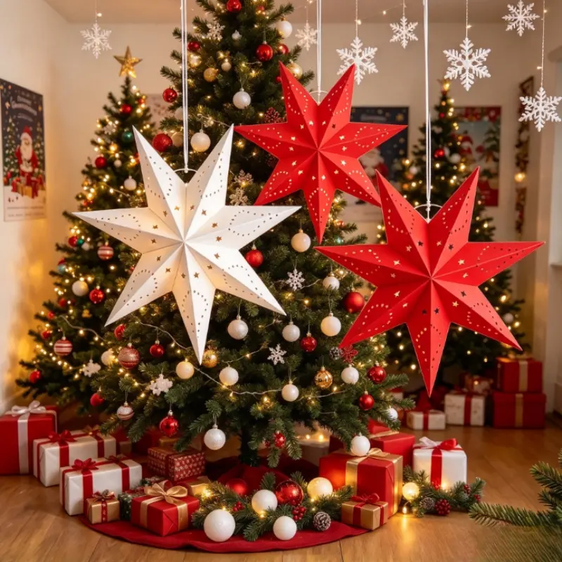 3D Paper Moravian Star Lantern, 7-Point Openwork Hanging Light Shade with Tassel, Foldable Christmas Wedding Party Decor, 2/4/6 Pack (Bulb Not Included)
