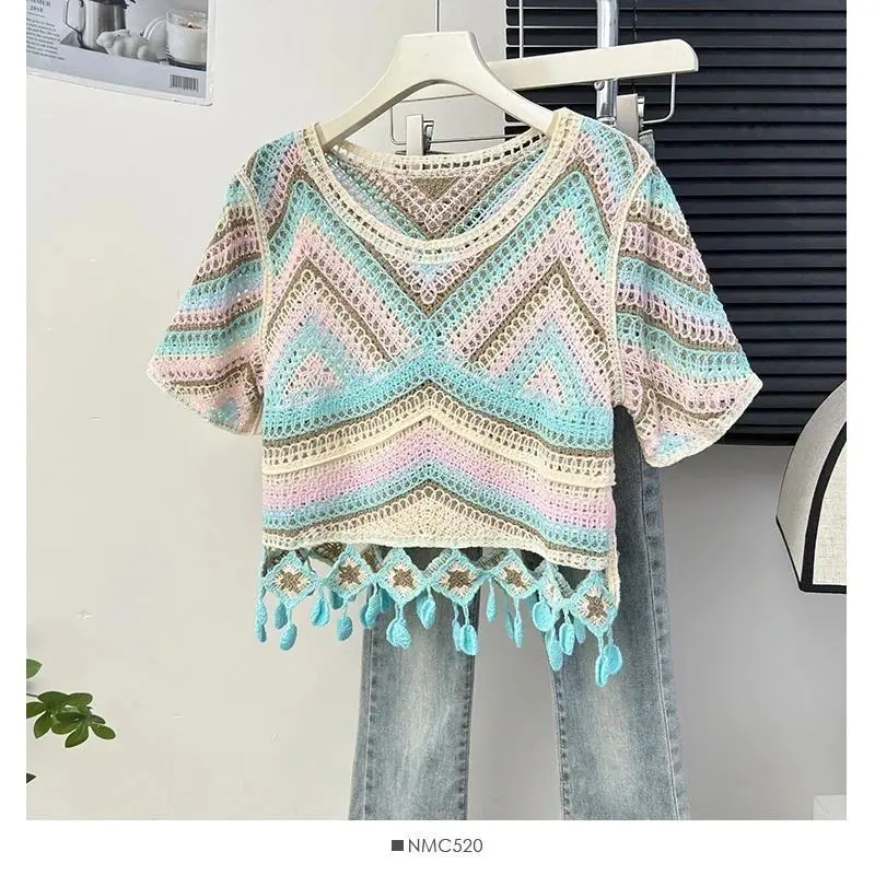Pastel Short Sleeve Crochet Knit Top Sheer Open-knit Fringed Crop Blouse for Women Teengirl Summer Boho Vacation Beach Wear