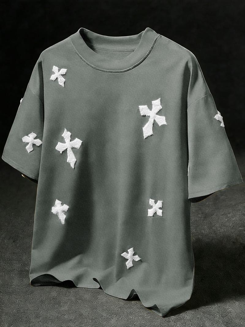 Men's Cross Stitch Embroidered Solid Color Round Neck T-Shirt, Casual Fitted Long Sleeve Top for All Seasons, Sporty College Style Men's Cross Stitch Embroidered Solid Color Round Neck T-Shirt, Casual Fitted Long Sleeve Top for All Seasons, Sporty College Style