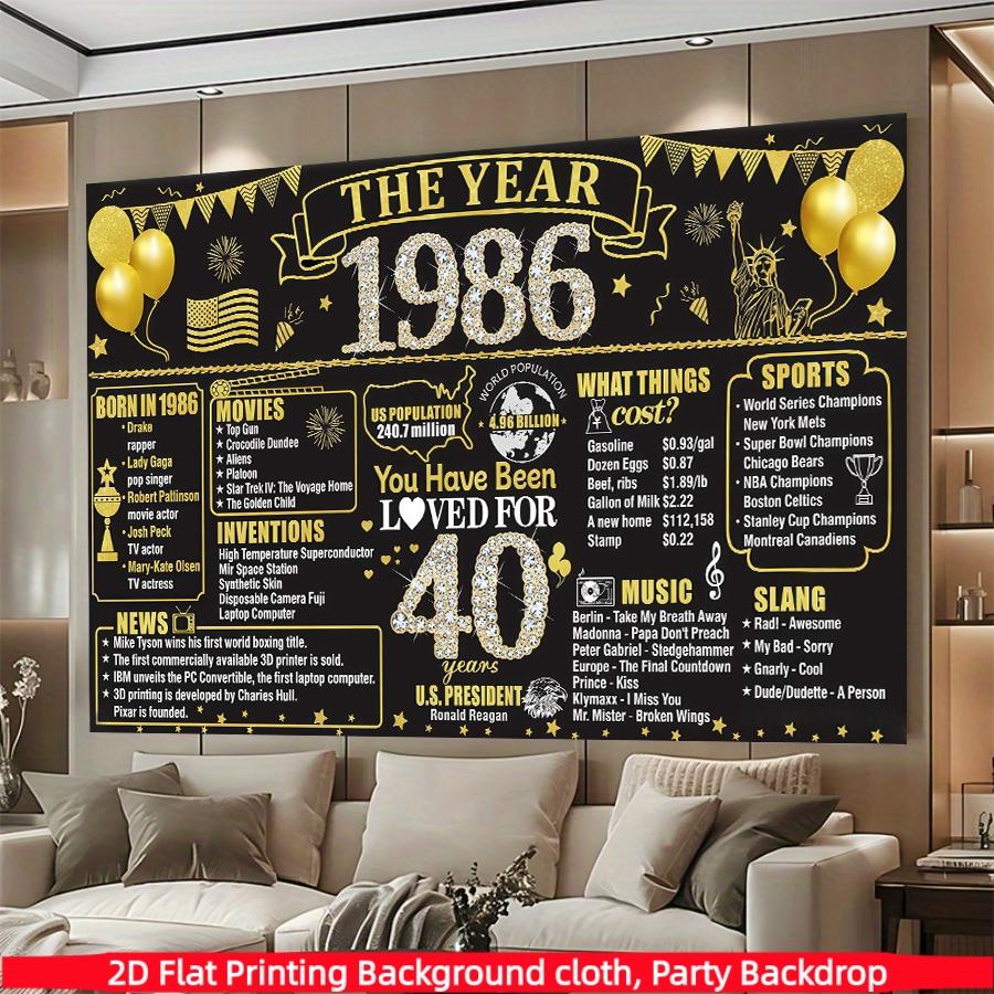 Retro Black Gold 40th Birthday Party Background Cloth, Black Gold 40th Birthday Banner, Retro 1986 Background Poster Photography Background, Polyester Material, Suitable for Photo Booth, Party, Birthday, Celebration, and Indoor/Outdoor Family Birthday