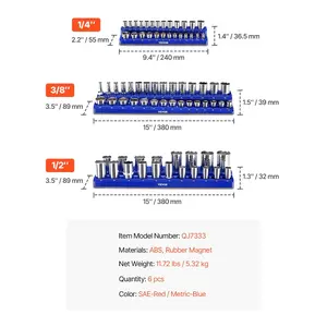 VEVOR Magnetic Socket Organizer Set, 6PCS Socket Holder, 1/4'', 3/8'' 1/2'' Metric SAE Socket Trays with Clear Labels, Hold up to 143PCS Standard Deep Sockets, Blue Red (Sockets Not Included)