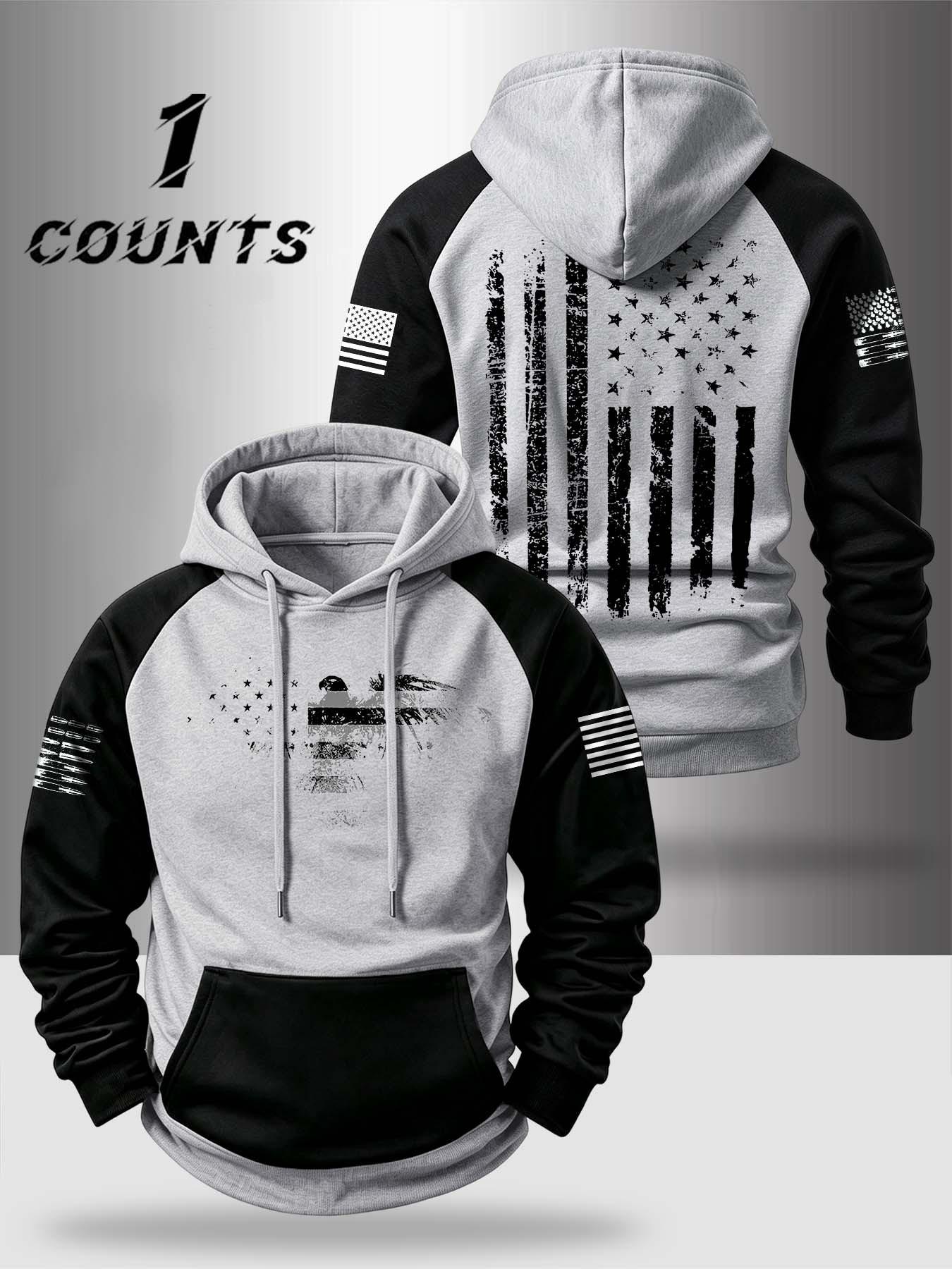 Autumn Winter Design Zipper Thickened Long Sleeve Hoodie, Pocket Portable Fashion Patchwork Colorblock Vintage Eagle Flag Pattern Comfortable Casual Streetwear Sweatshirt