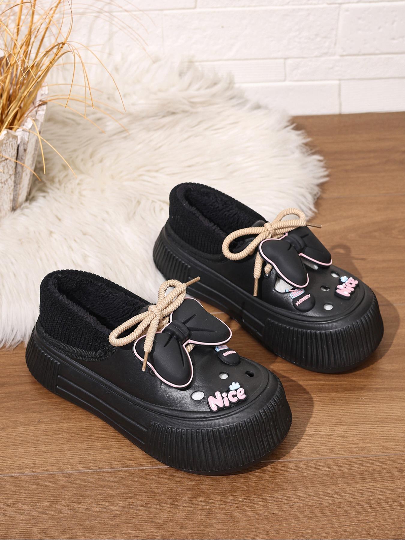 Women's Plus Size Winter Plush Fuzzy Warm Slippers, Indoor Cozy Silent Home Slippers with Cute Bowknot, Casual Shoes