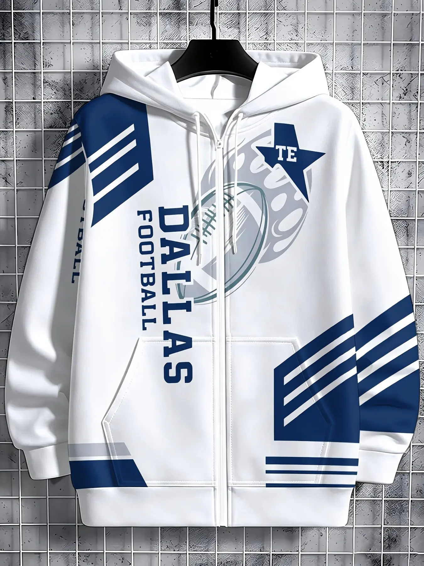 Men's Football Zip-Up Hoodie, 3D All over Print, Loose-Fit, Long Sleeve, Casual Style, with Pockets and Drawstring, Rugby Fan Jacket