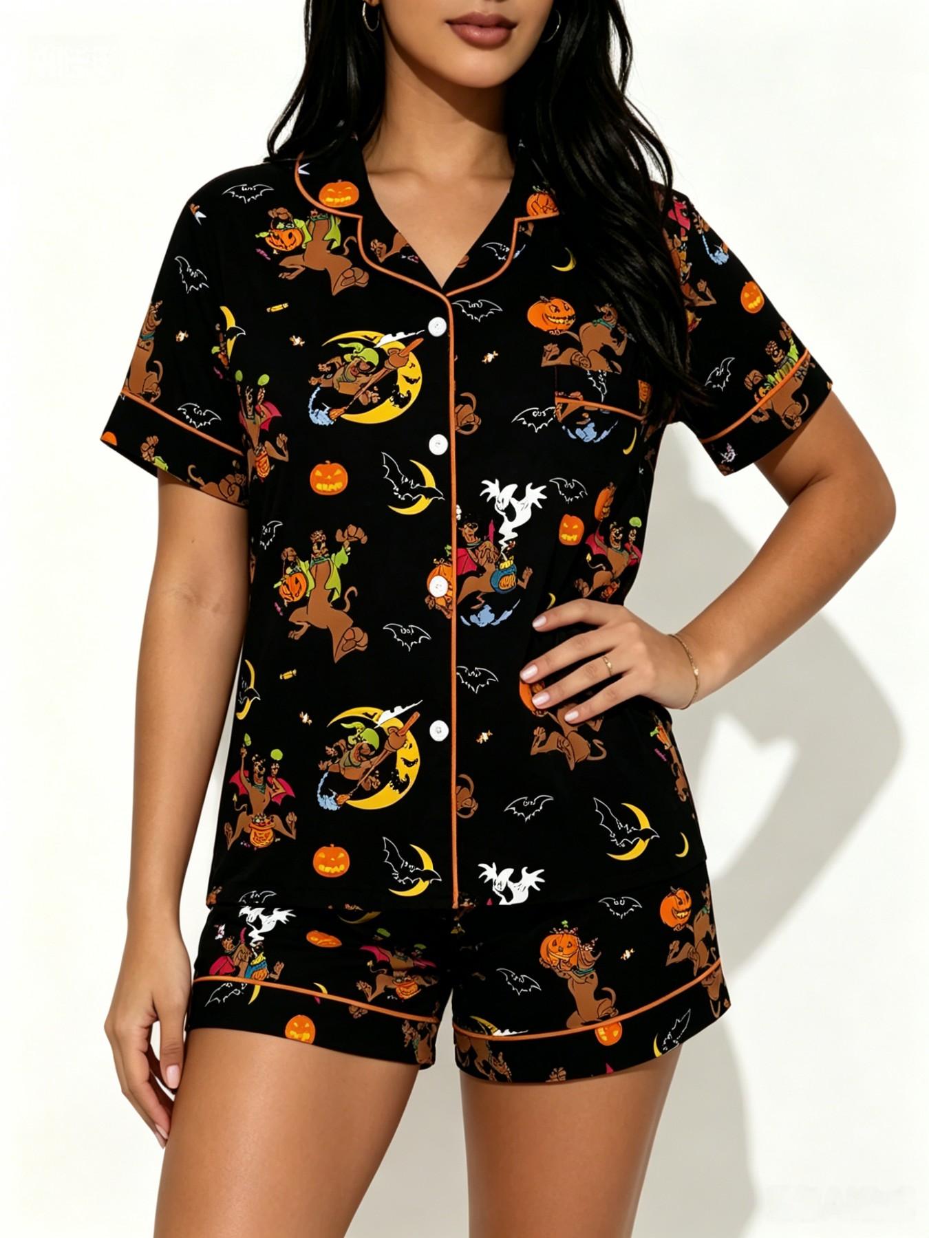 Halloween Dog Print Pajama Set for Teens, Soft Breathable Short Sleeve Top & Shorts, Casual Loose-Fitting Sleepwear, Fun Gift Idea