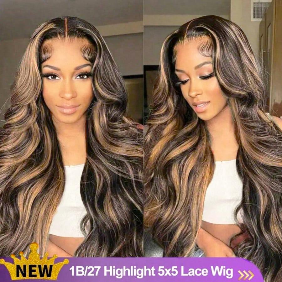 Highlight Ombre Lace Front Wig Human Hair Wear To Go Wig Pre Cut 5x5 Lace Closure Wigs Blended Hair Body Wave Lace Front Wigs Pre Plucked 5x5 Glueless Lace Wig P1B/27 Brown Highlight Wig 200 Density Colored 26 Inch Balayage Wigs for Women