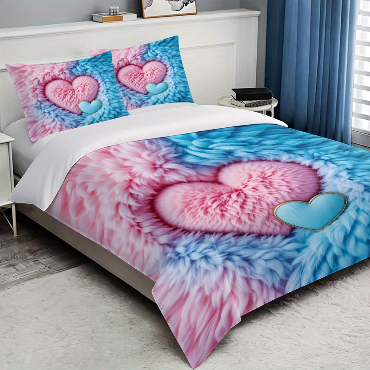 3pc Pink and Blue Heart Digital Print Duvet Cover Set, Bed Sets Supplies, includes 1 duvet cover and 2 pillowcases, suitable for single, double, queen beds, bedrooms, guest rooms, dormitories, hotels