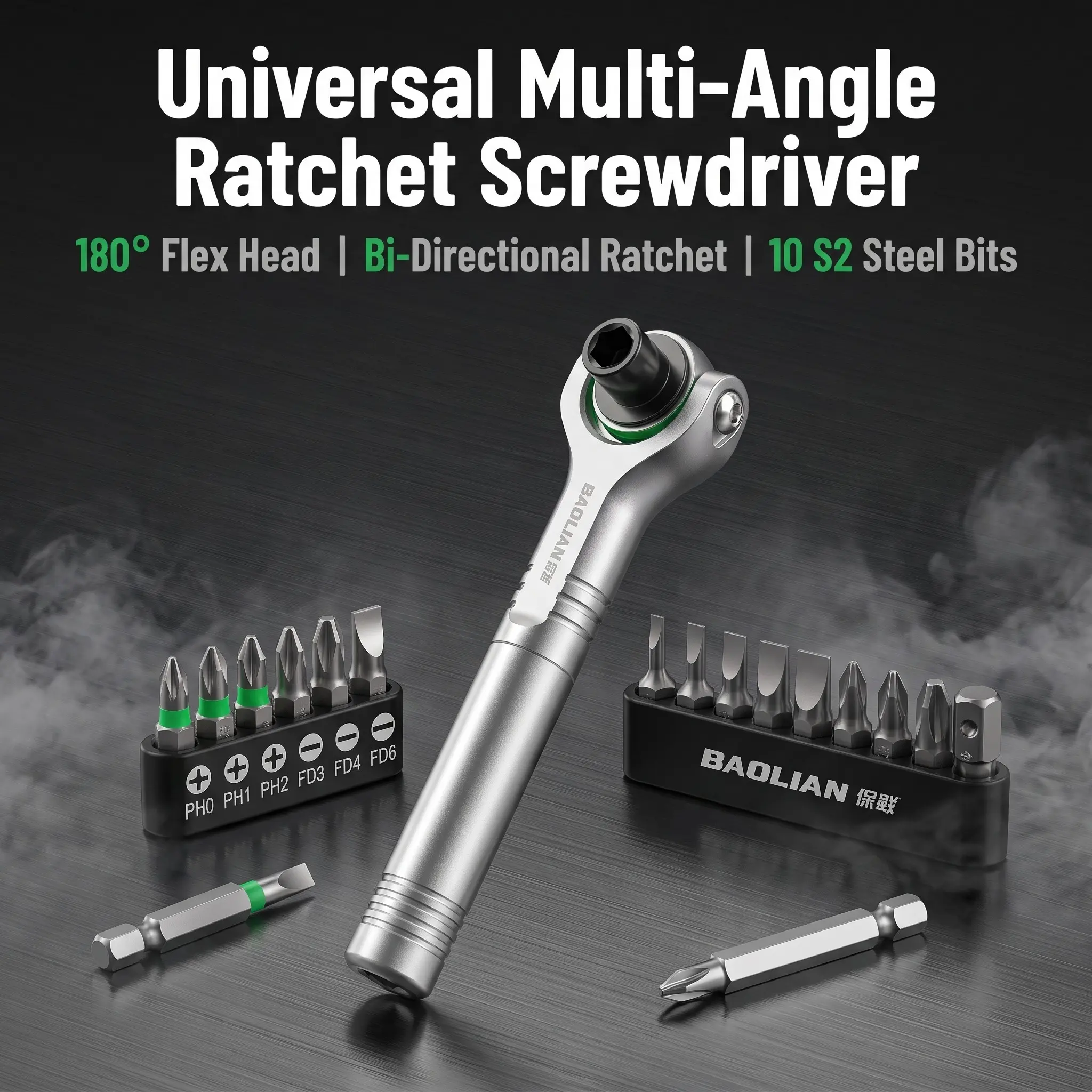 Universal Ratcheting Screwdriver Set, 180° Adjustable Multi-Angle Flexible Wrench with 10 S2 Steel Bits and Adapter, Reversible Dual-Direction Ratchet Driver for Tight Spaces