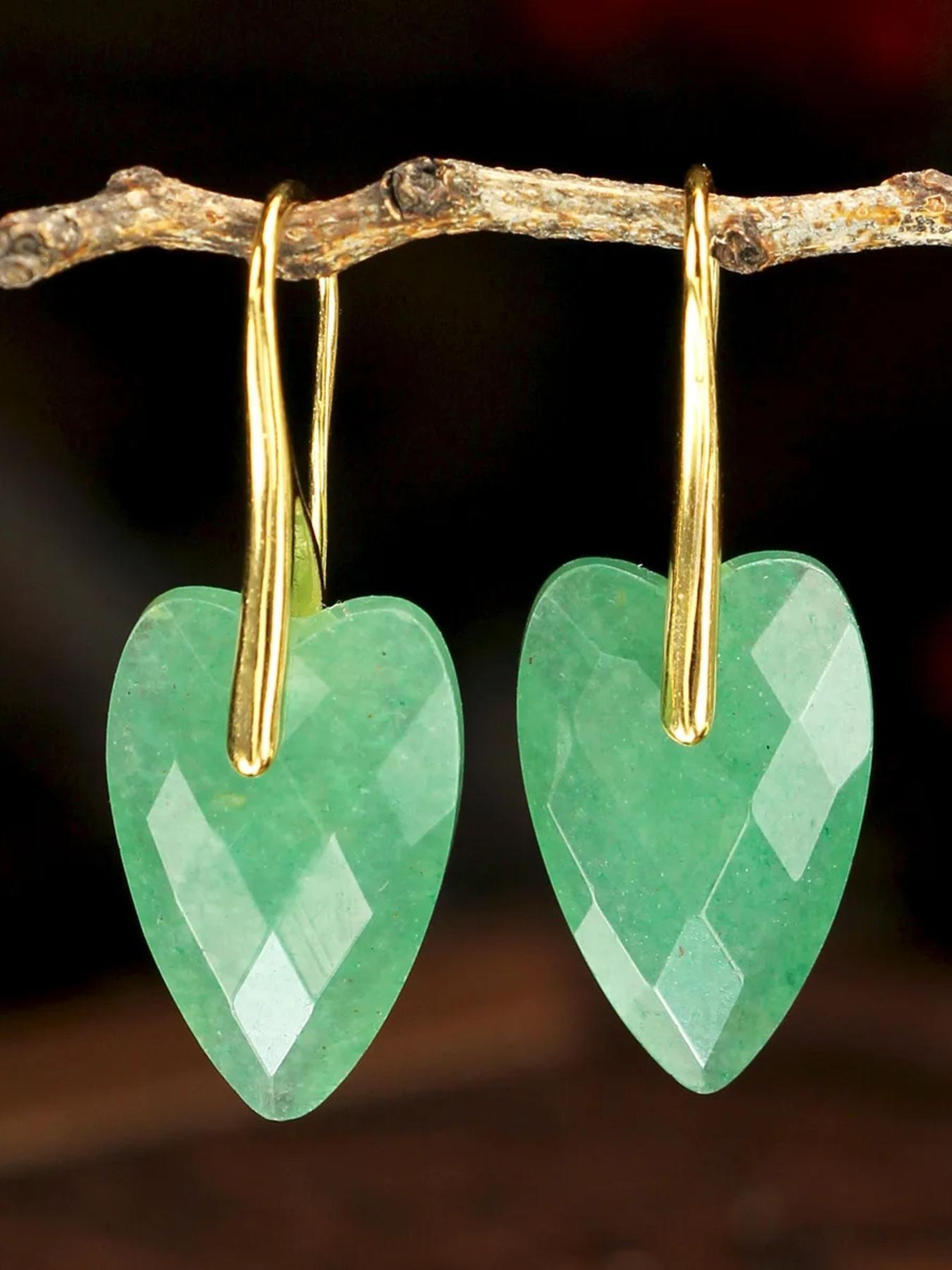 Natural Stone Heart Pendant Earrings, Amethyst Hanger Pendant Quartz Jade Carved Heart Earrings, Elegant Vintage Jewelry for Women, Luxury Accessories