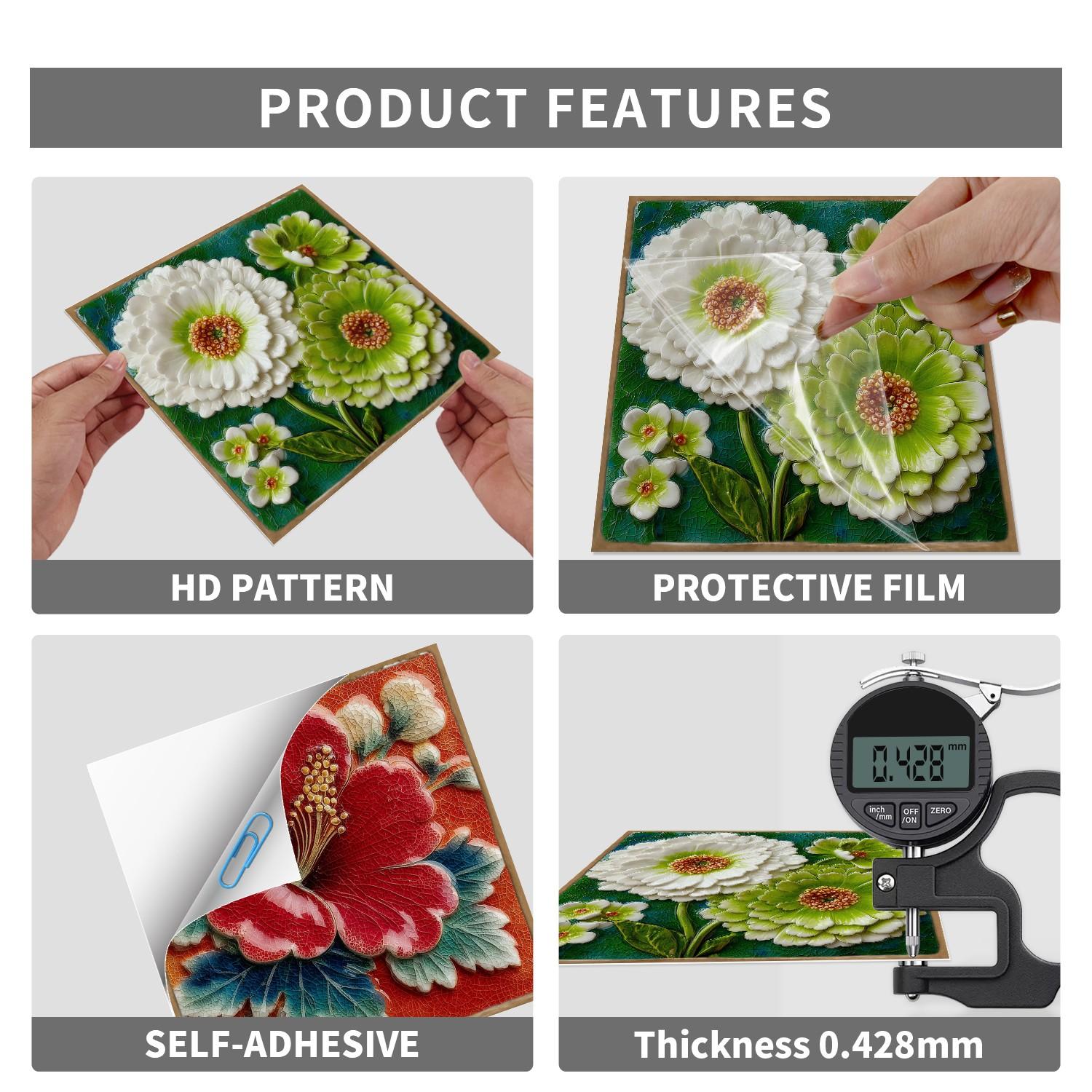 24PCS/Box NHZ 3D Embossed Floral Tile Stickers | Crystal Film Peel & Stick DIY Backsplash | Waterproof Oil-Proof for Kitchen/Bathroom/Furniture/Stairs/Wall Renovation