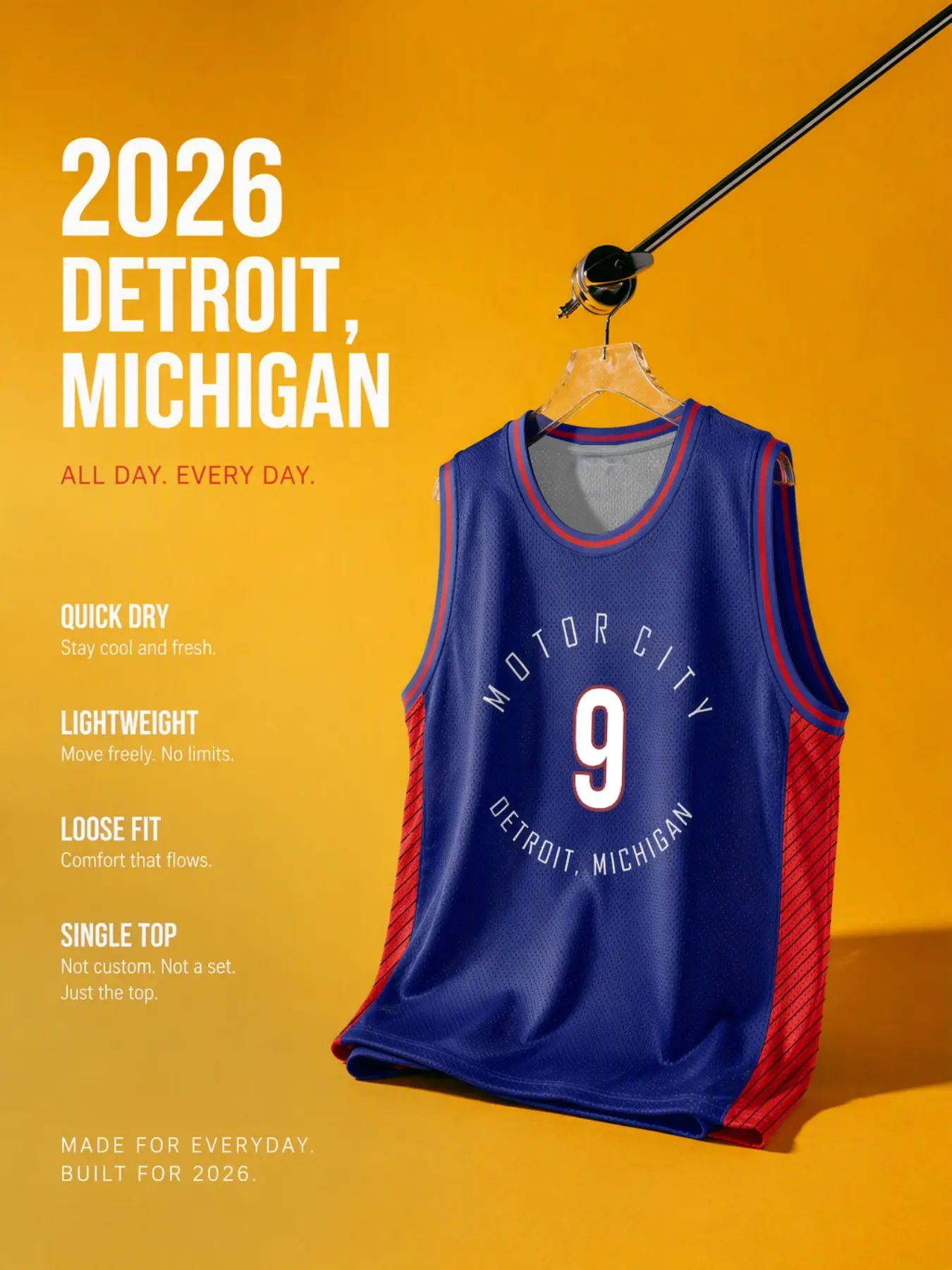Men's Detroit Sleeveless Basketball Jersey, Blue Mesh Vest with Side Stripes, Sporty Slim-Fit, Streetwear, Training, Casual Wear