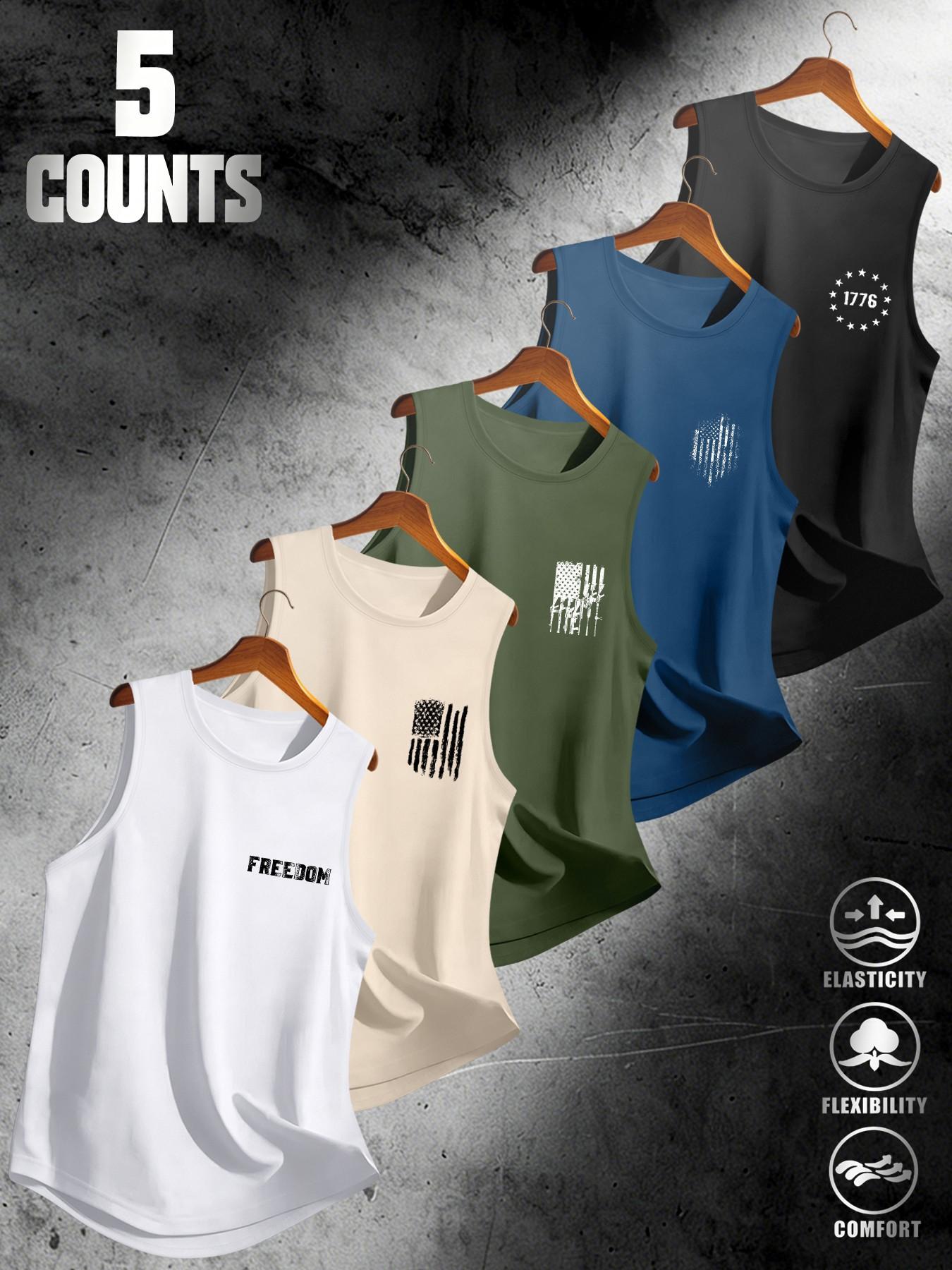 Men's Wide Shoulder Vest Tank Top Set of 5, Usa Flag Print Design, Summer Sleeveless T-Shirt, Comfortable Fashion Top for Daily Wear, Sleeveless Summer Shirts