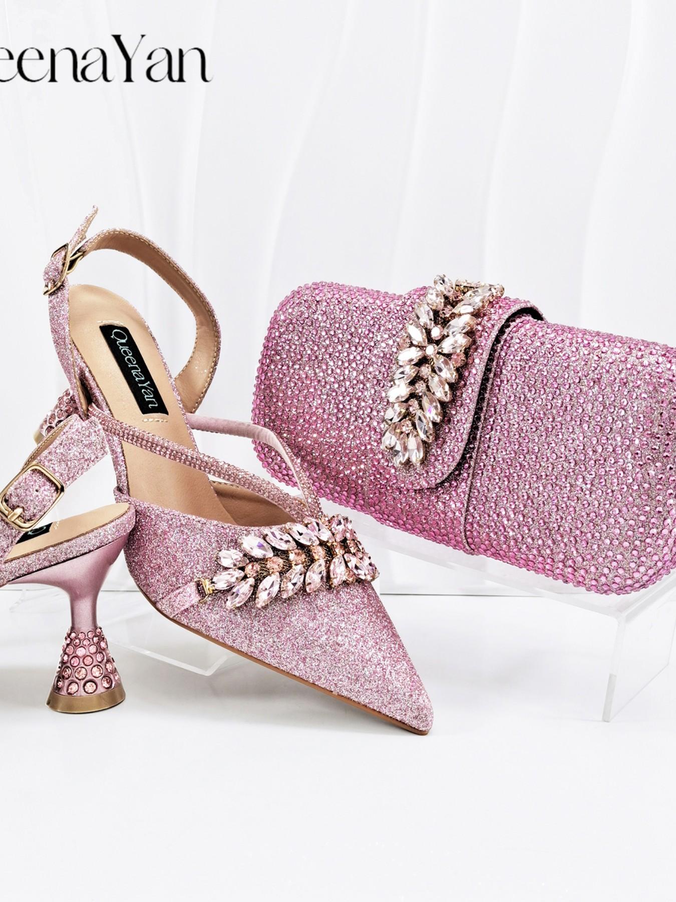 2026 Party New Italian Style High Heels with Bag, Style, Pointed Toe, Metal Decor, Rhinestone Accent, Elegant Olive Color, Women's High Heels