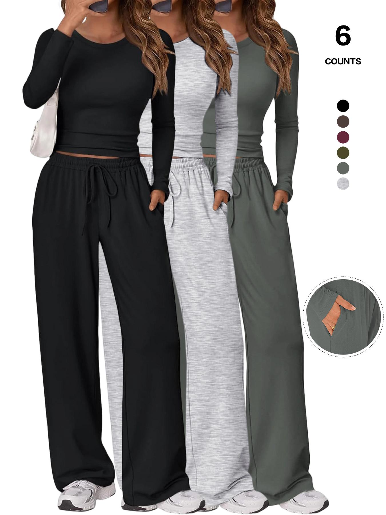 2026 Women's Two-Piece Loungewear Set, Soft Long-Sleeved Round-Neck Crop Top, Drawstring High-Waisted Wide-Leg Pants with Pockets
