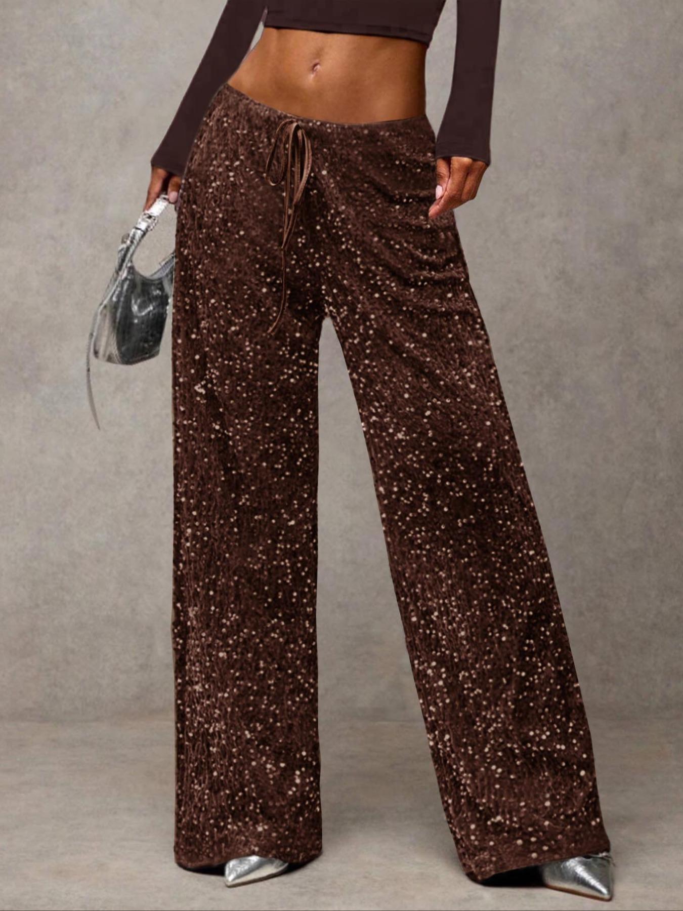 Women's Fashion Pants with Elastic Waistband, Bow Design, Sequins Detailing, Stylish Fitted Trousers Bottoms for Casual Wear