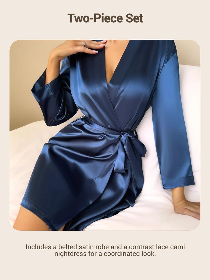 Two-piece Set Women's Solid Belted Satin Robe & Contrast Lace Split Thigh Cami Nightdress Pyjama Set, Elegant Comfy Drop Shoulder Long Sleeve Robe & Cami Nightdress Pj Set, Women's Sleepwear for Spring & Fall, Lady