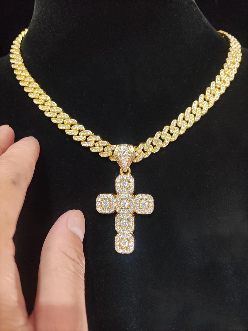 Hip Hop Artificial Diamond Cross Pendant Necklace As Gift, Rhinestone Cuban Chain Link Necklace for Men Women, Streetwear Matching Chunky Rhinestone Decorated Jewelry for Daily, Stylish Accessory, Unique Gifts for Women, Cuban Link Design, Cuban Necklaces