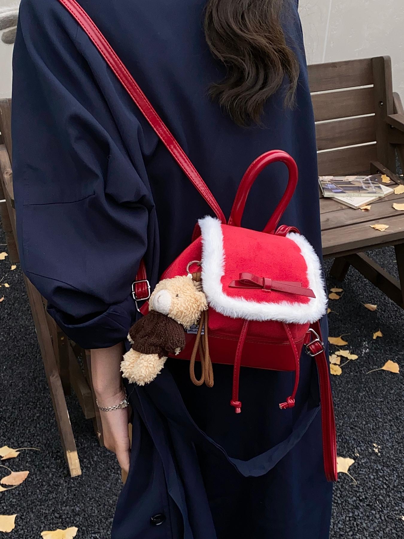 New Winter Plush Patchwork Shoulder Bag, Cute Mini Fall & Winter Essential, Fashion Backpack for Women, Christmas Party Must-Have