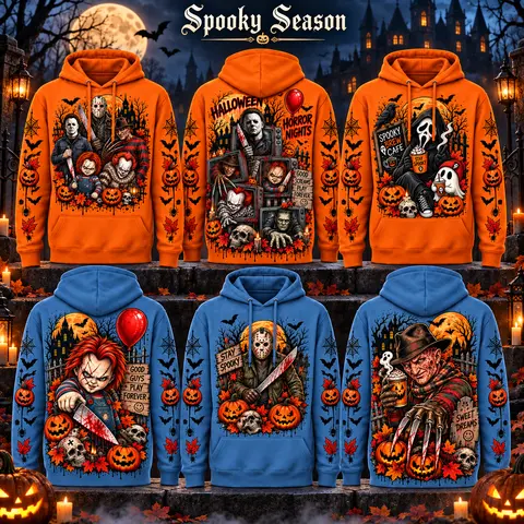 Unisex Fall Horror Movie Velour Hoodie - Spooky Season Garment with Casual Bat, Scary Character, Pumpkin Front-Back Prints, Soft Fabric, Comfortable Fit Pullover#SpookySeason#HalloweenHoodie#HorrorMovie#ScaryMovie#FallHorror