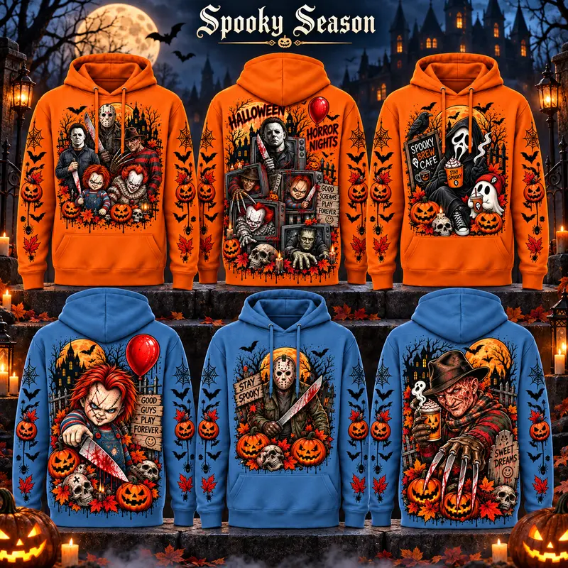Unisex Fall Horror Movie Velour Hoodie - Spooky Season Garment with Casual Bat, Scary Character, Pumpkin Front-Back Prints, Soft Fabric, Comfortable Fit Pullover#SpookySeason#HalloweenHoodie#HorrorMovie#ScaryMovie#FallHorror