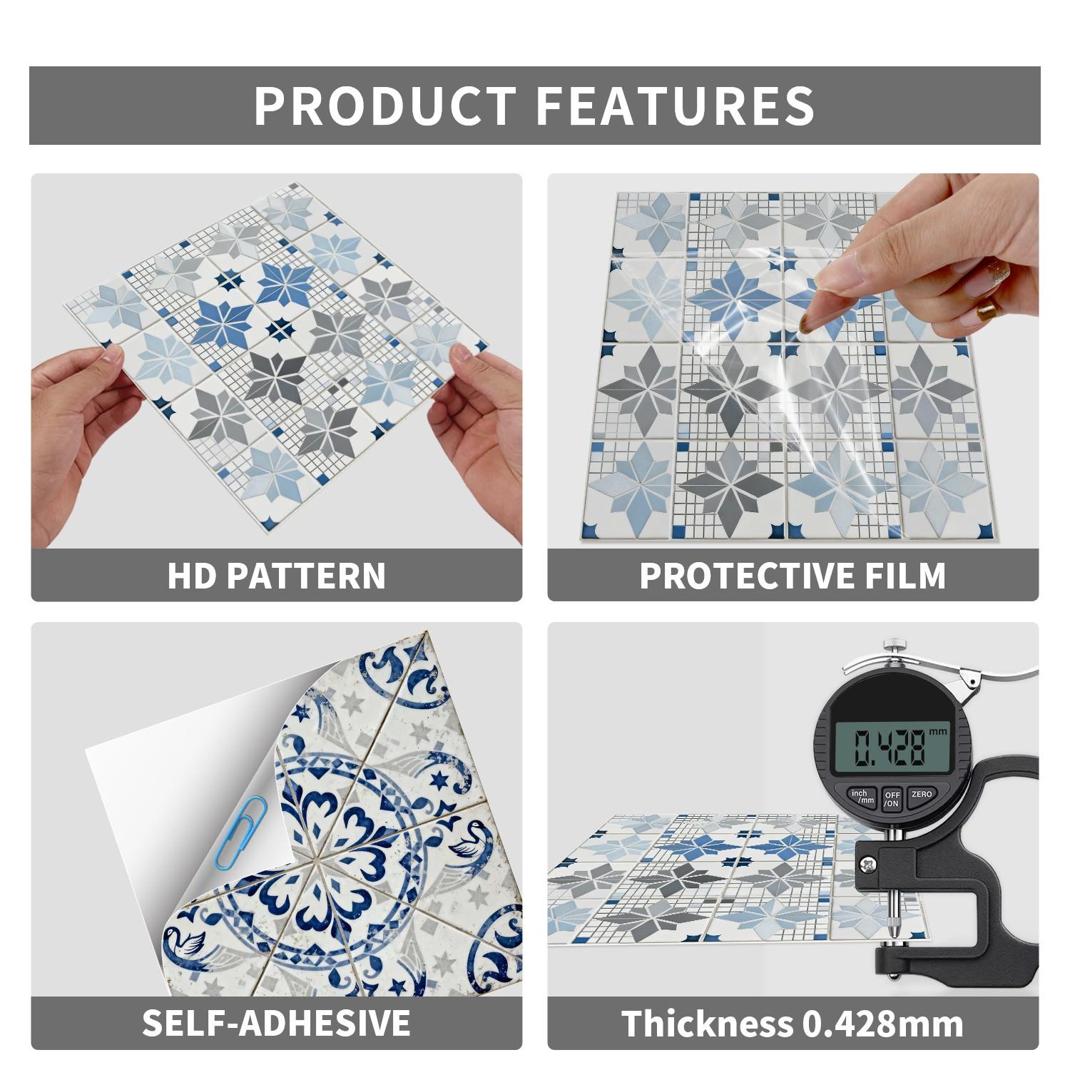 24PCS NHZ Blue Moroccan/Spanish Vintage Floral Tile Stickers, PVC Crystal Film with Mirror Gloss, Peel & Stick Removable No Residue, Easy to Clean Waterproof Wall Decals for Kitchen Bathroom Bedroom Office Indoor Decor