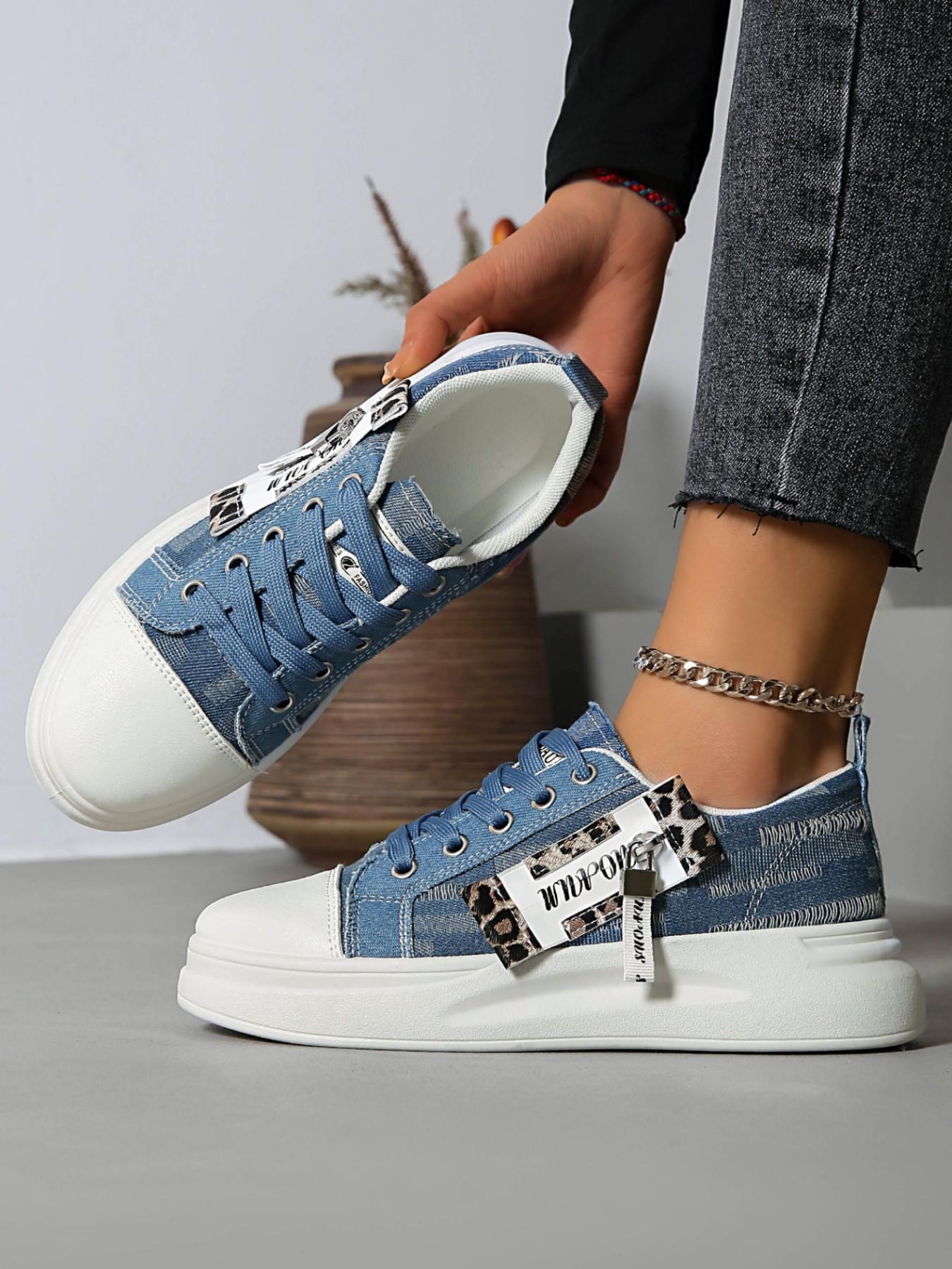 Vintage Denim Thick Sole Sneakers, Trainer, Leopard Print Zipper Decor, Casual Height-Boosting Women's Shoes, Perfect for Students